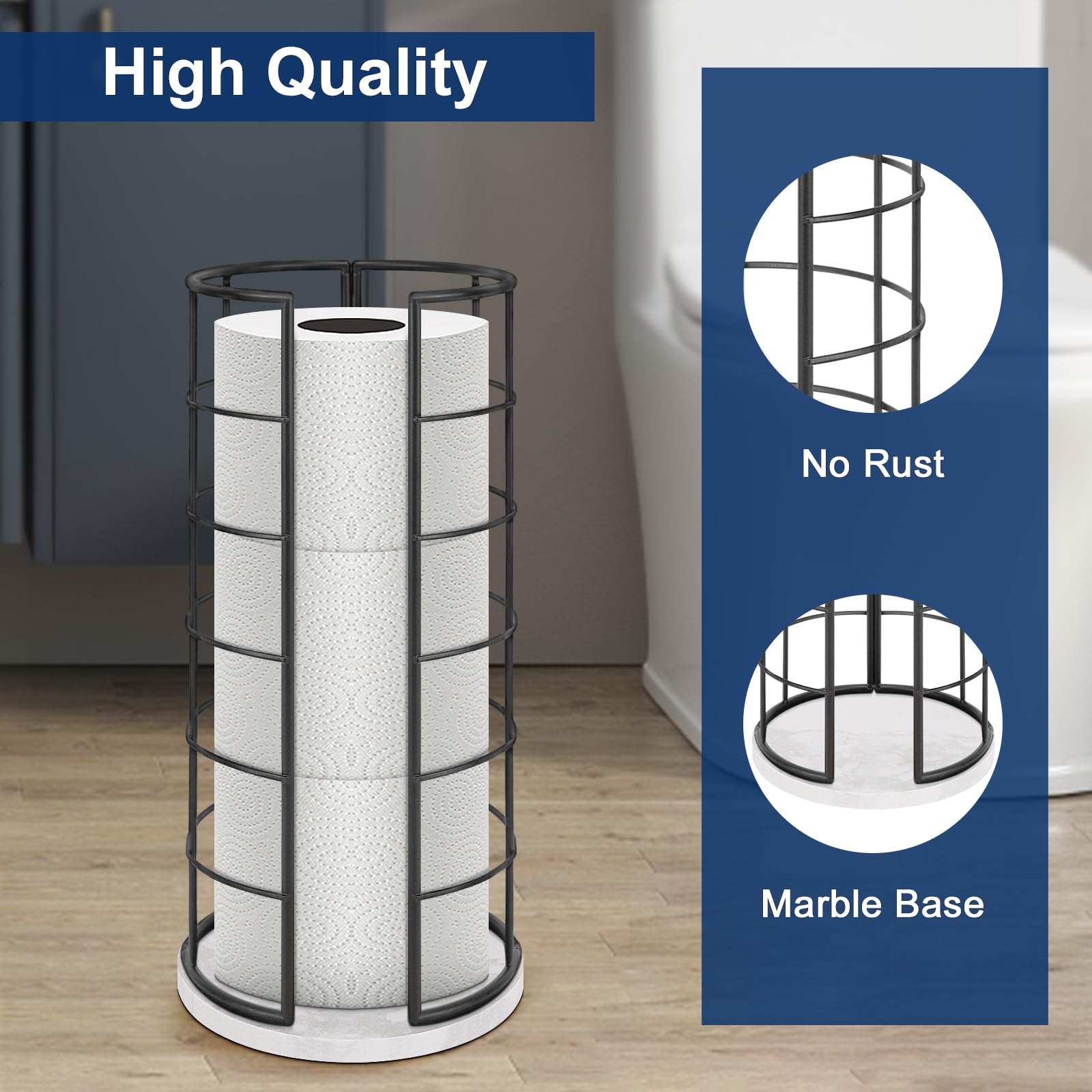 NearMoon Free Standing Toilet Paper Holder Stand - 3 Roll Bathroom Tissue Storage Organizer, Rustproof Metal Toilet Roll Dispenser for Kitchen Countertop & Cabinet Shelf (Marble Base, Matte Black) - Perfect for Bathroom, Kitchen, RV & Office Organization
