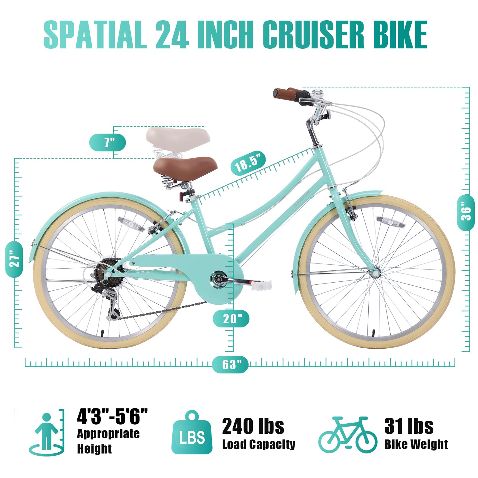 SPATIAL Women's 24 Inch Beach Cruiser Bike - 6-Speed Comfortable City Bicycle with Dual V-Brake, Step-Through Frame for Adults - Perfect for Commuting, Leisure Rides & Coastal Cycling (Multiple Colors)