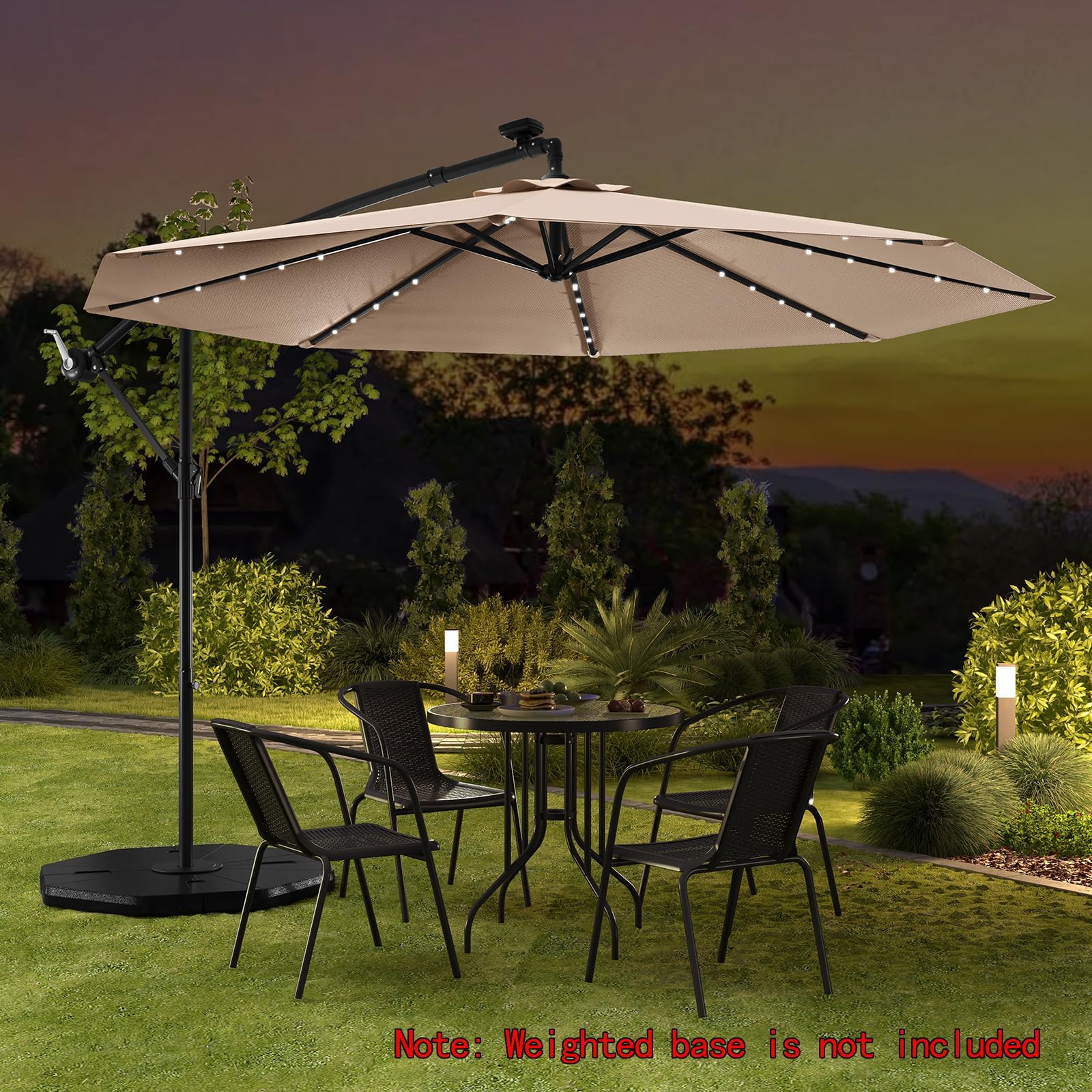 HAPPYGRILL 10 FT Outdoor Cantilever Umbrella with Solar Lights & Easy Tilt - 8 Ribs & Cross Base - Perfect for Patio, Deck, Poolside, Lawn, and Garden Relaxation