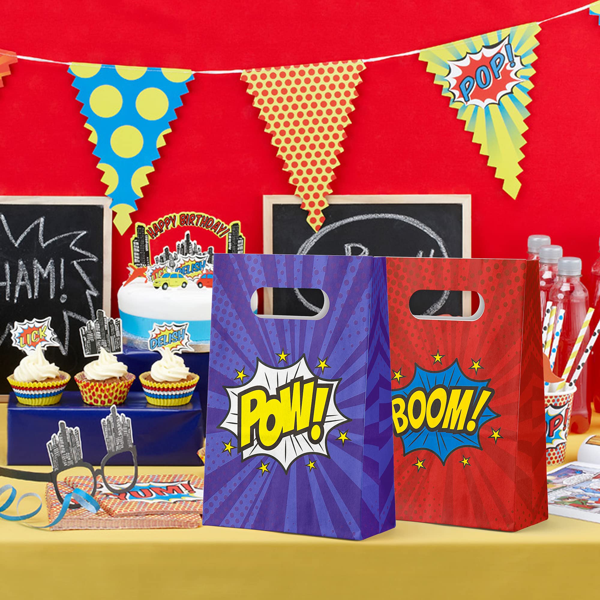 24 Pack Superhero Party Favor Bags - Kids Birthday Party Supplies, Recyclable Paper Treat Bags for Cookies & Candy - Superhero Theme Party Decorations for Birthdays, School Events & Classroom Rewards