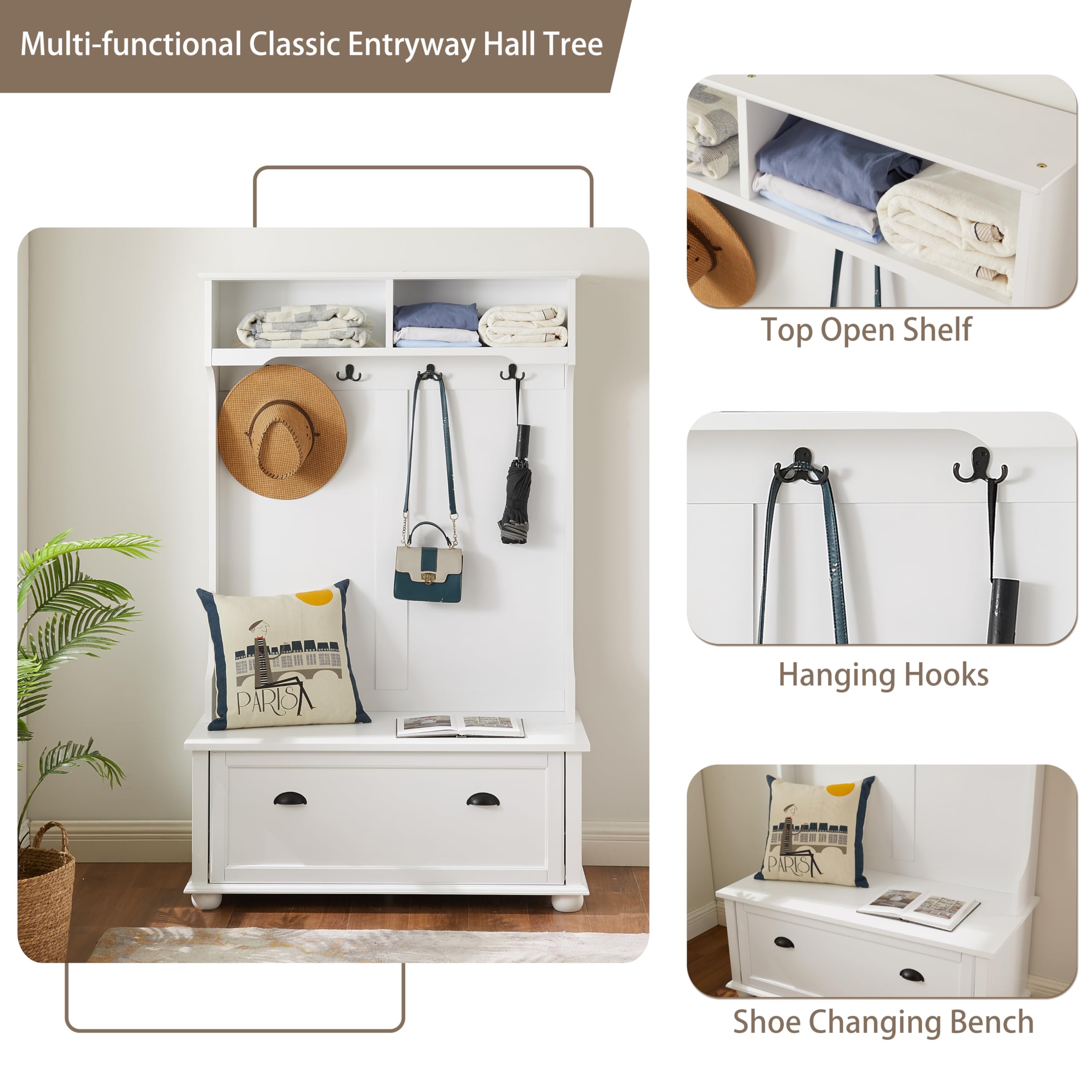 4-in-1 Wooden Entryway Hall Tree with 4 Hooks, 2 Storage Shelves & Bench - Space Saving Coat Rack Organizer for Shoes, Bags & Jackets - Perfect for Entryway, Mudroom or Foyer Decor (White)