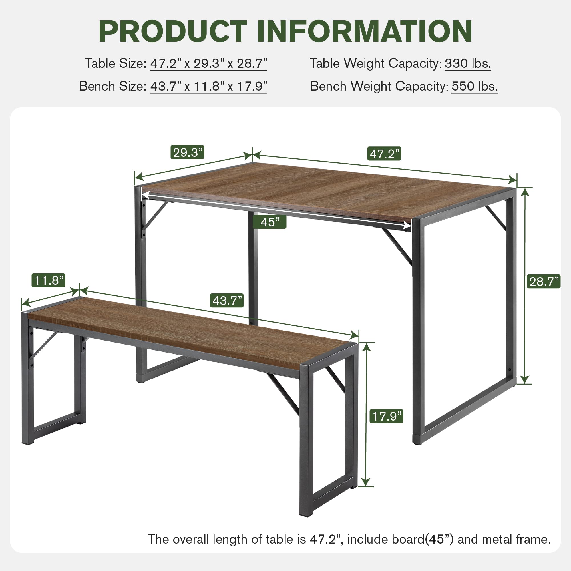 IMUsee 47.2 Inch 3-Piece Dining Table Set for 4 with Benches - Heavy Duty Metal Frame, Space Saving Kitchen Dinette Set with Wood Tabletop & Gray Legs - Perfect for Small Apartments, Breakfast Nooks and Cozy Dining Areas