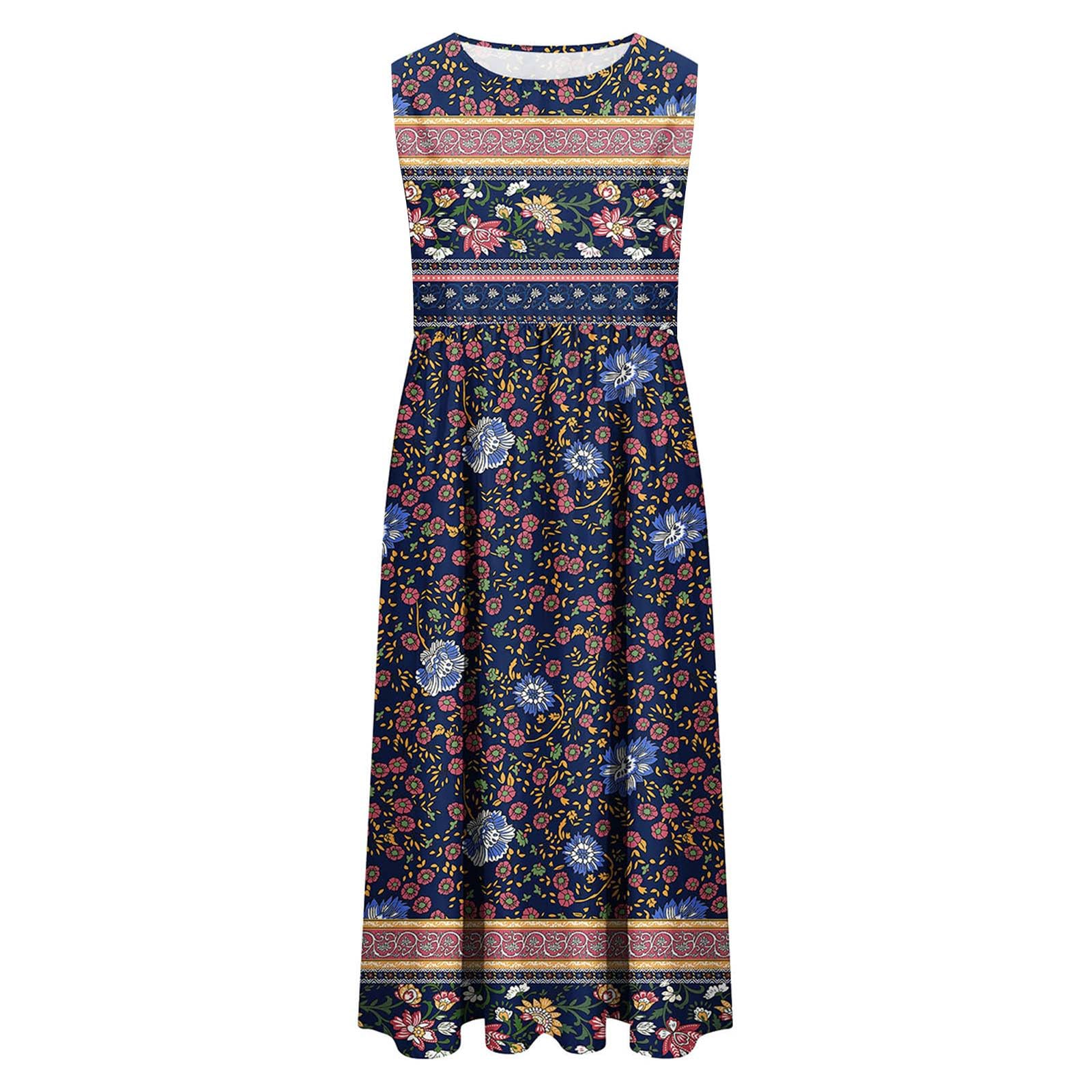 2025 Women's Summer Sleeveless Boho Floral Sundress - Loose Casual Flowy Beach Midi Dress with Pockets | Perfect for Vacations, Pool Parties & Tropical Getaways