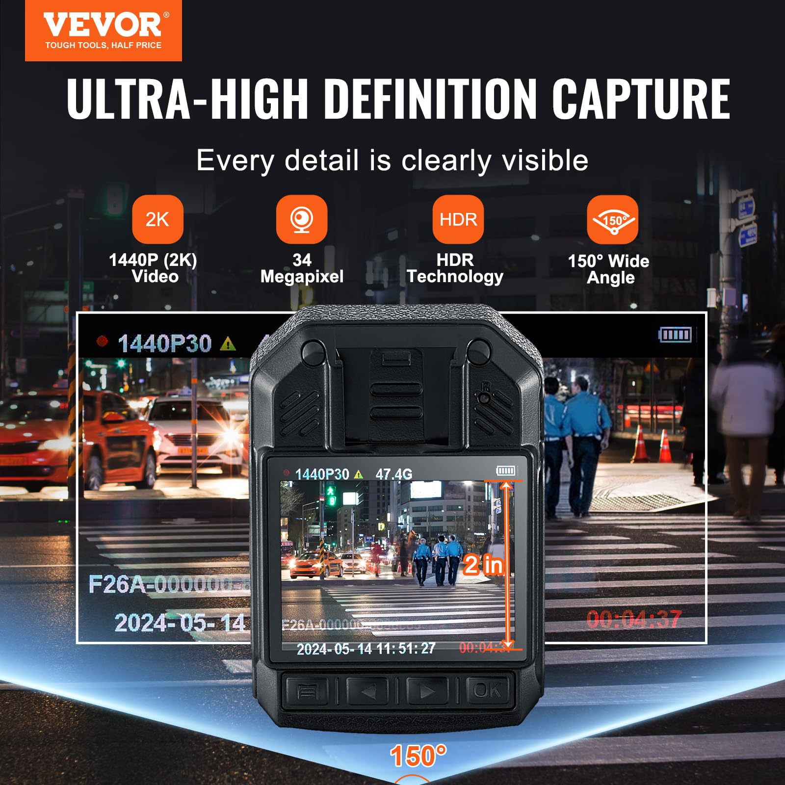 VEVOR 1440P HD Police Body Camera with Night Vision - 64GB Body Cam for Law Enforcement, Audio Video Recording, 2850mAh Battery, 2