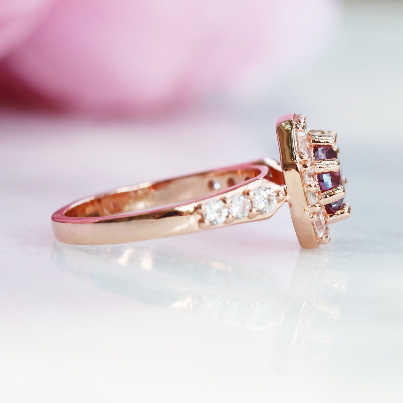 Hexagon Alexandrite Ring 14K Rose Gold Vermeil - Elegant Gemstone Jewelry for Women, Perfect for Weddings, Anniversaries & Special Occasions