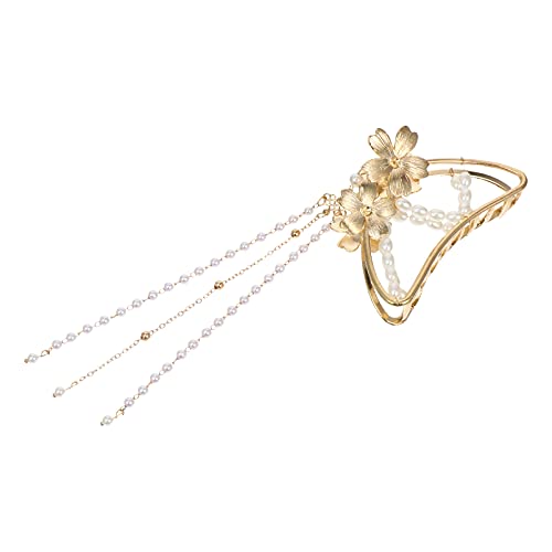 Elegant Metal Hair Claw Clips with Pearl Tassel & Flower Design - Non-Slip Butterfly Jaw Clips for Women (Golden) | Perfect for Thick or Fine Hair - Great for Parties, Weddings & Everyday Styling