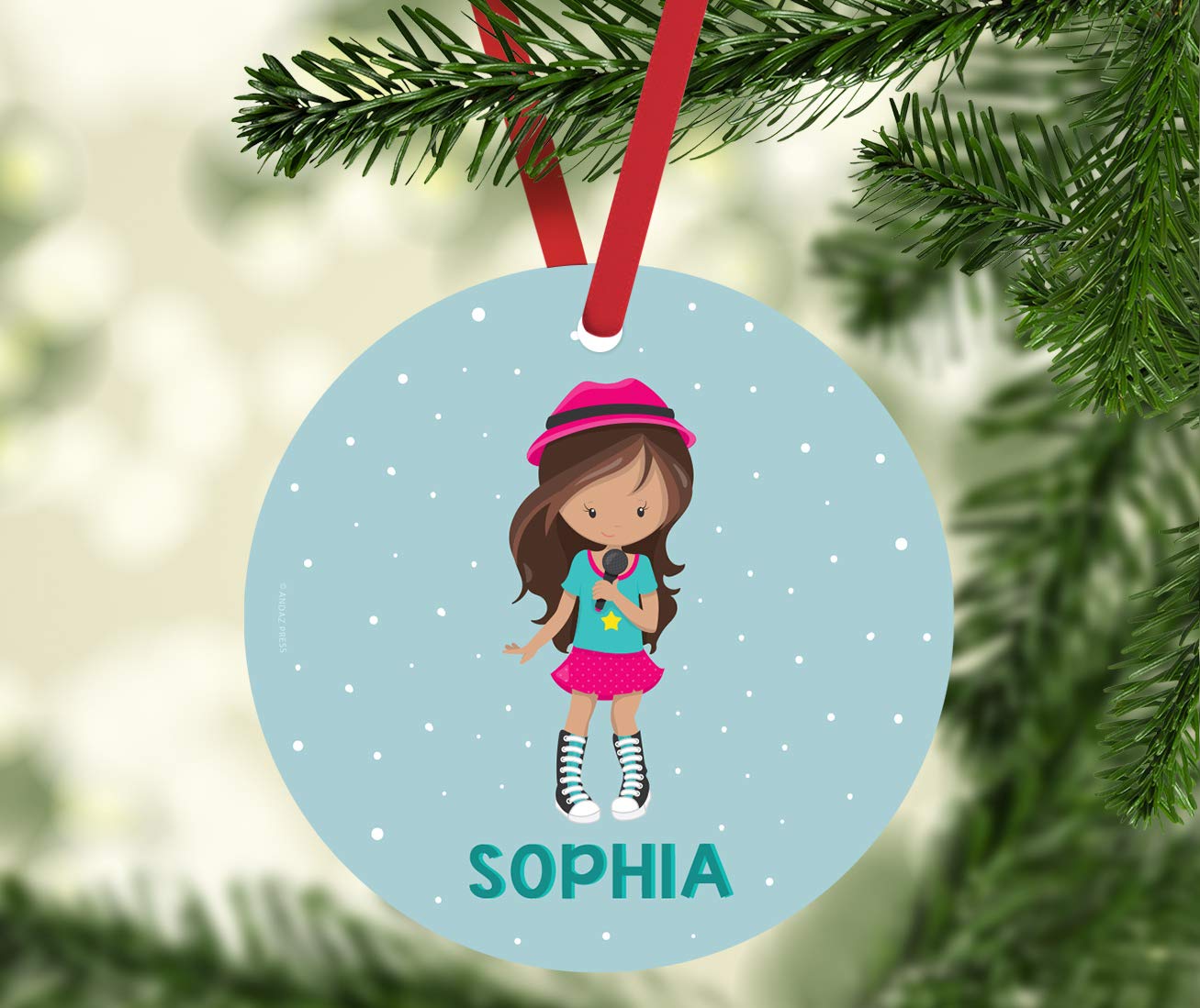Personalized Round Metal Christmas Ornament - Girl Rock Band with Microphone - Custom Child's Birthday & Xmas Tree Decorations - 1-Pack - Perfect for Holiday Gifts, Family Tree Decor & Kids' Room Accents