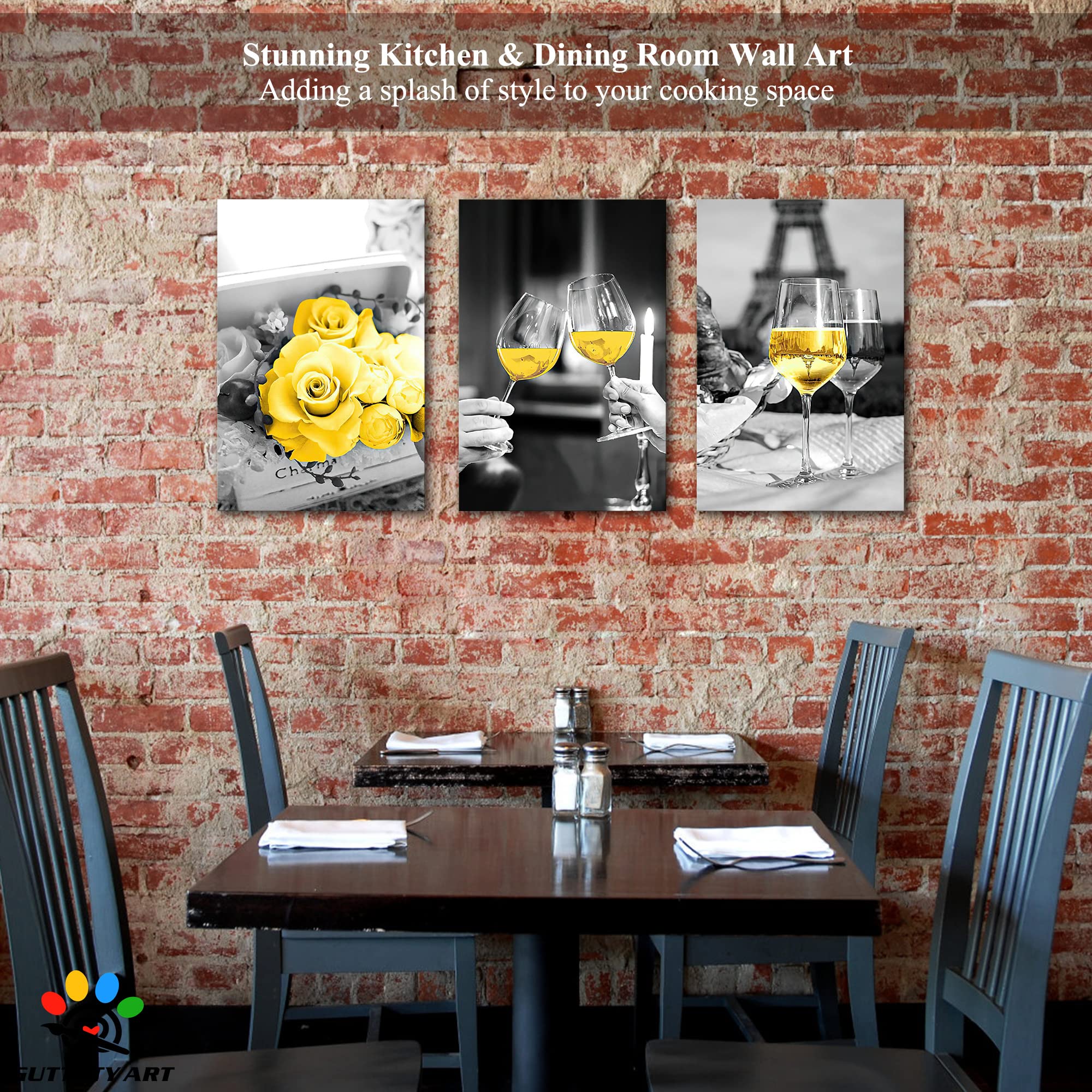 Modern Black and White Dining Room Wall Art Set - 3 Piece 16x24 Inch Canvas Prints with Yellow Rose Wine Glasses Design for Kitchen & Home Decor | Perfect for Dining Areas, Restaurants & Gift Giving