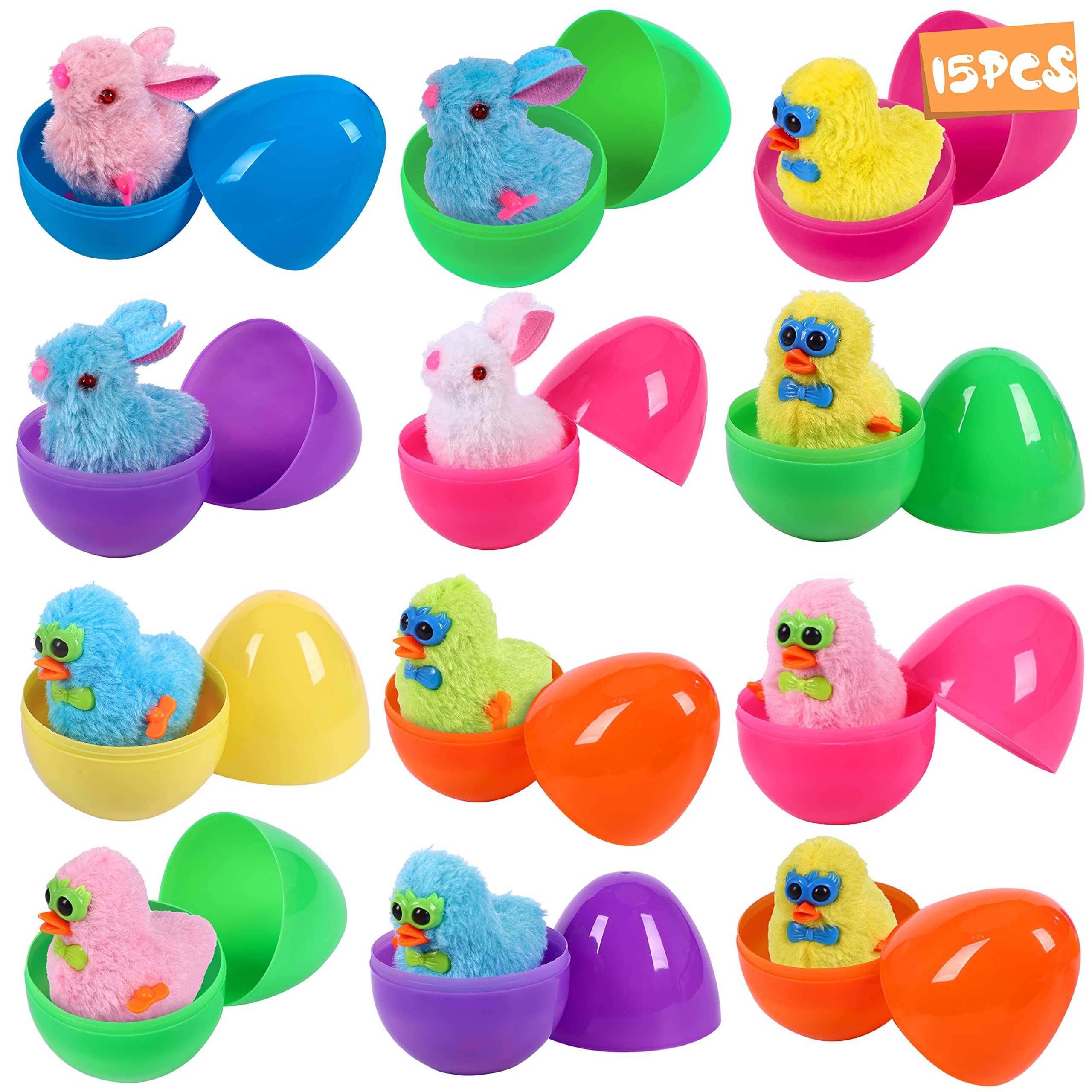 Qevda 15PCS Easter Eggs Basket Stuffers - Wind-Up Toy Chicks & Bunnies for Kids Toddlers, Easter Hunt Game Party Favors, DIY Fillable Plastic Eggs - Perfect for Easter Gifts, Classroom Rewards & Spring Celebrations