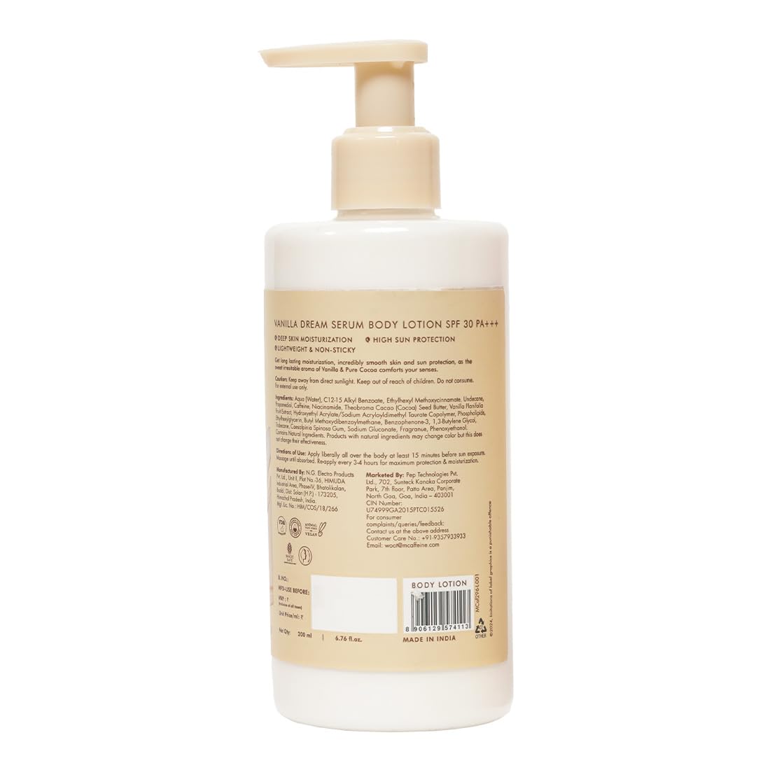 Mcaffeine Vanilla Dream Serum Body Lotion SPF 30 PA+++ for Women & Men | UVA/UVB Protection, No White Cast | Sunscreen Lotion with Niacinamide & Cocoa Butter | 200ml | Daily Moisturizer for Dry Skin, Perfect for Beach & Outdoor Activities