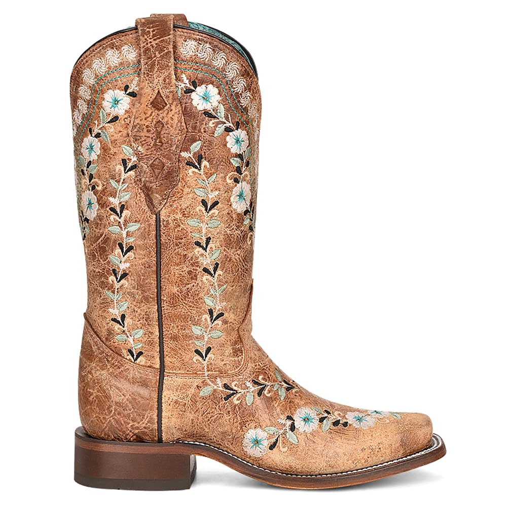 **Women's Distressed Glow-in-the-Dark Floral Embroidered Square Toe Cowgirl Boots – Mid Calf, Low Heel (1-2