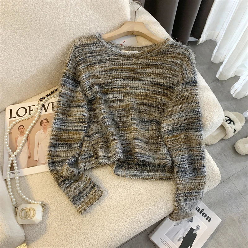 Vintage Striped Patchwork Knit Sweater for Women - Long Sleeve O-Neck Pullover - Winter Boho French Y2k Fashion - Perfect for Casual Outings, Coffee Dates & Autumn Layering