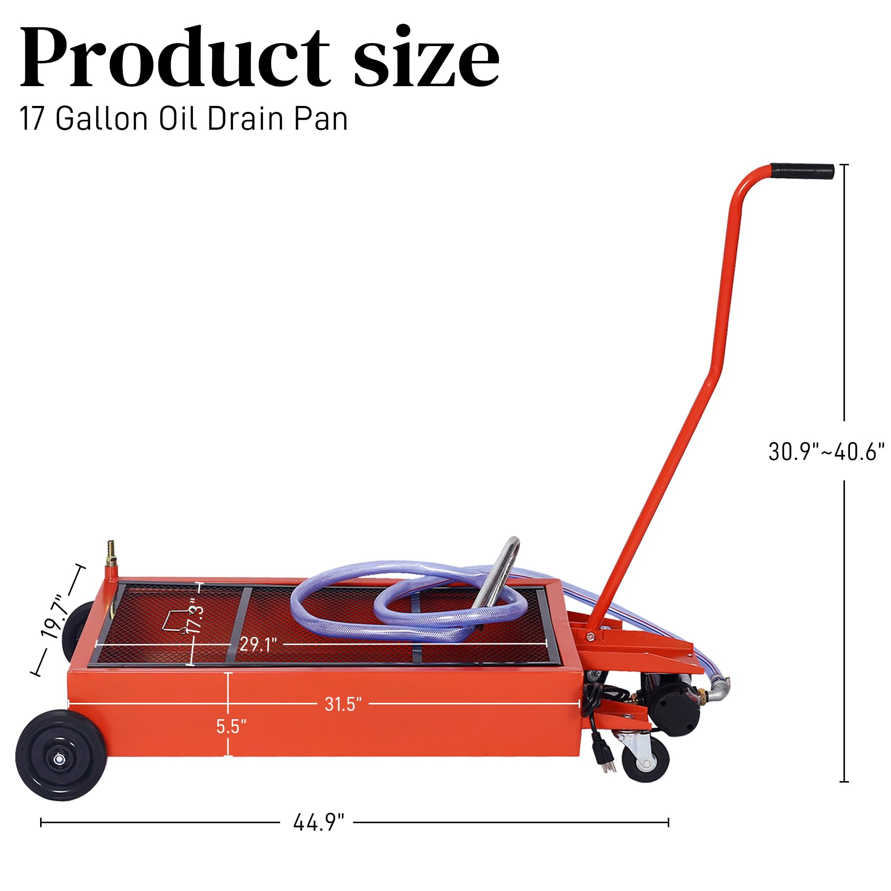 17 Gallon Oil Drain Pan with Electric Pump - Low Profile Oil Change Pan for Trucks & Cars - Foldable Handle, 7ft Hose & Swivel Casters - Perfect for DIY Oil Changes & Garage Maintenance