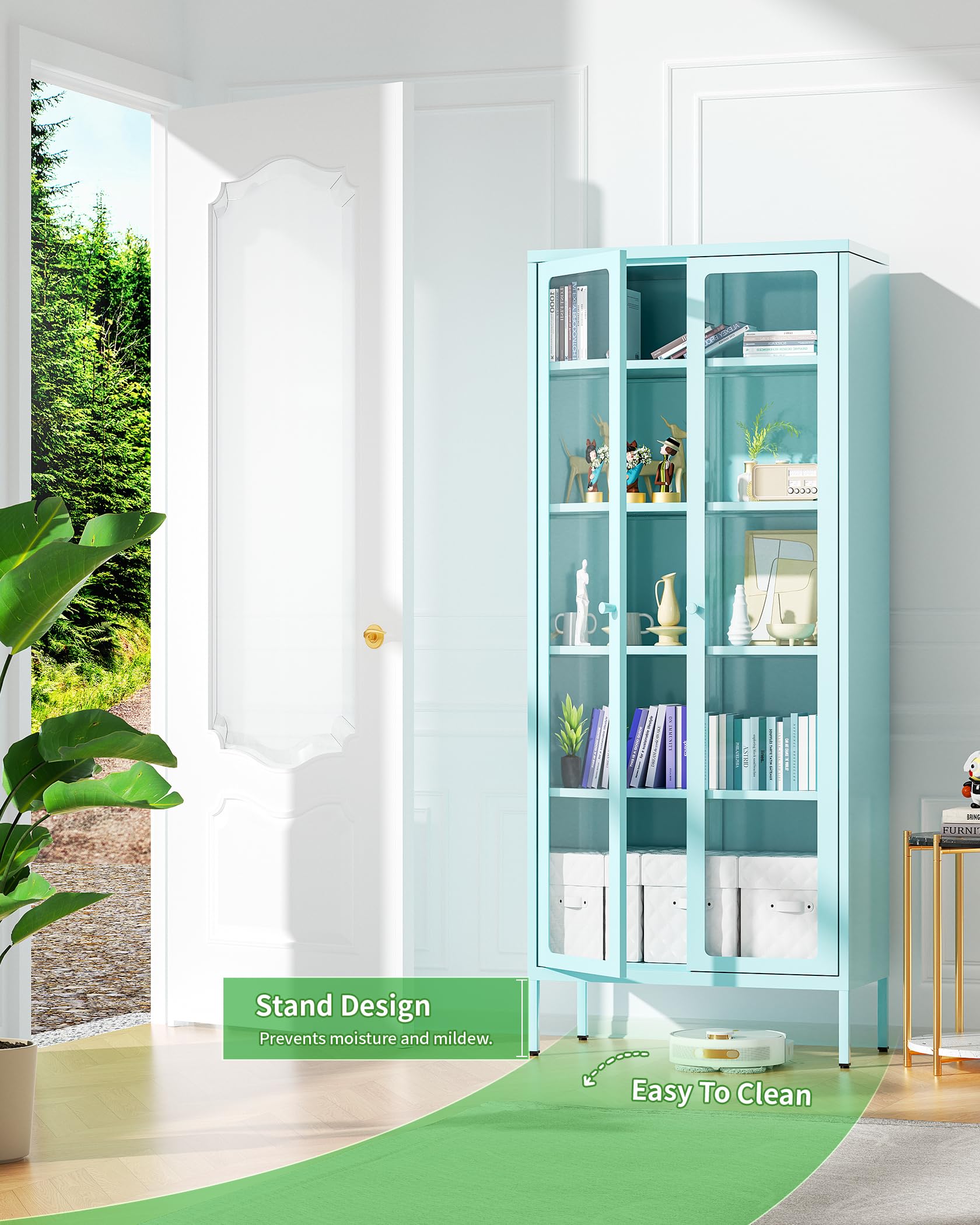Greenvelly Metal Display Cabinet with Glass Doors & 4 Adjustable Shelves - Blue Storage Organizer for Home Office, Living Room, Pantry - Perfect for Showcasing Collectibles, Storing Books & Displaying Kitchenware