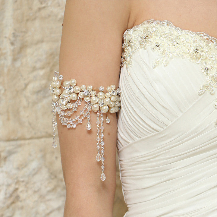 Elegant Kezani Pearl Flower Wedding Armband with Crystal Drapes - Perfect for Bridal Accessories, Formal Events & Special Occasions