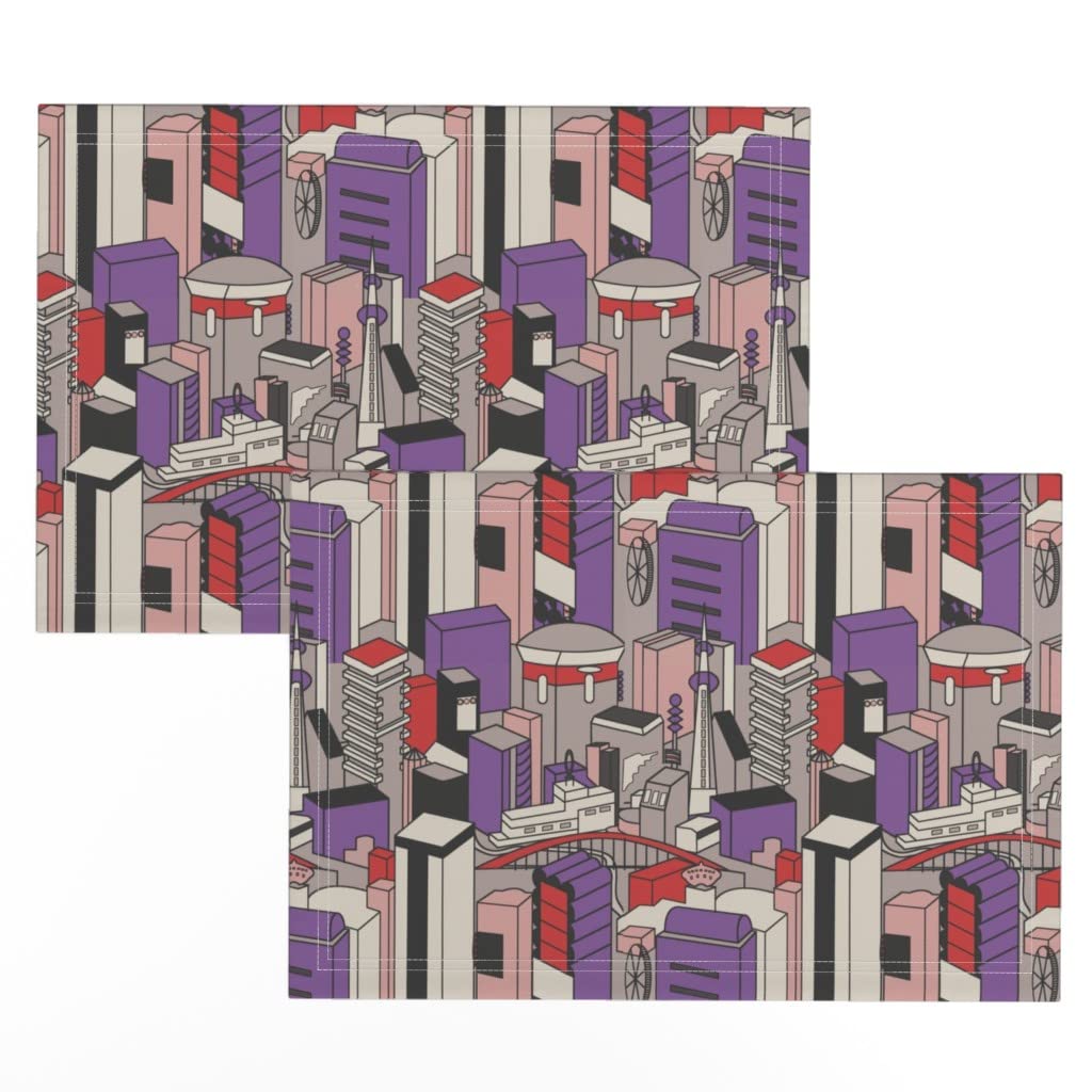 Premium Linen Cotton Canvas Placemats Set of 2 - Modern Geometric City Skyscrapers Abstract Retro Design for Dining Table Decor, Kitchen Decor, and Party Table Setting