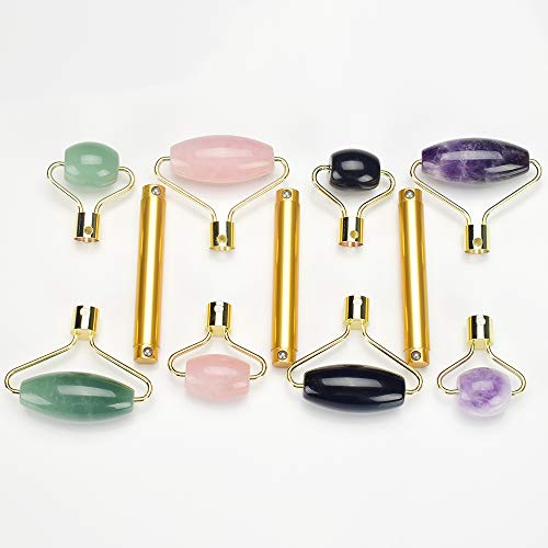 RSkull 4-Piece Dual Head Facial Massage Roller Set with Replaceable Natural Jade Stone - Anti-Aging Skincare Tool for Face, Eyes & Neck - Reduce Wrinkles & Rejuvenate Skin | Perfect for Home Spa, Self-Care Routine & Professional Facial Treatments