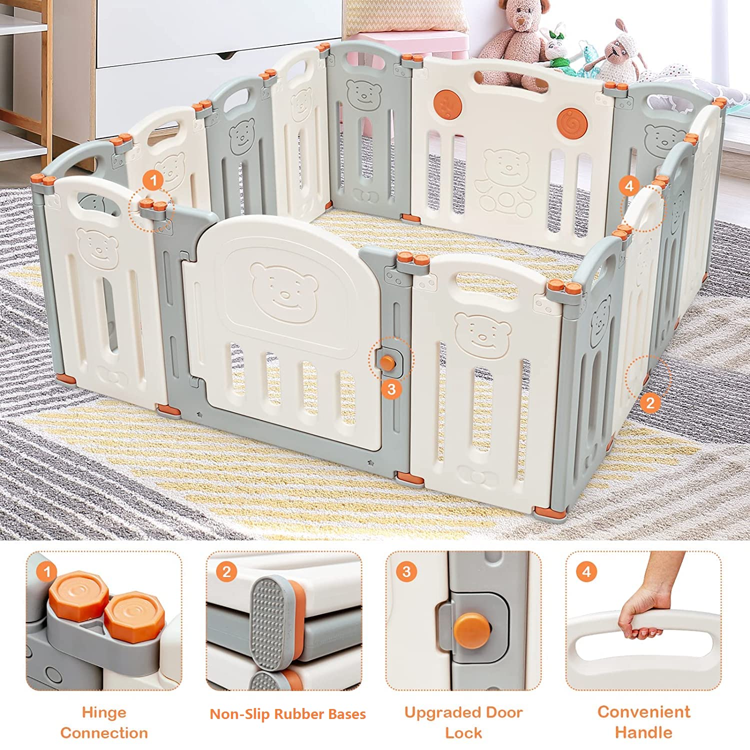 Costzon 14-Panel Foldable Baby Playpen with Locking Gate - Non-Slip Rubber Bases, Adjustable Shape Playard for Toddlers - Portable Baby Fence for Indoor & Outdoor Use (Beige & Gray) | Safe Play Area for Home, Backyard, Daycare & Travel
