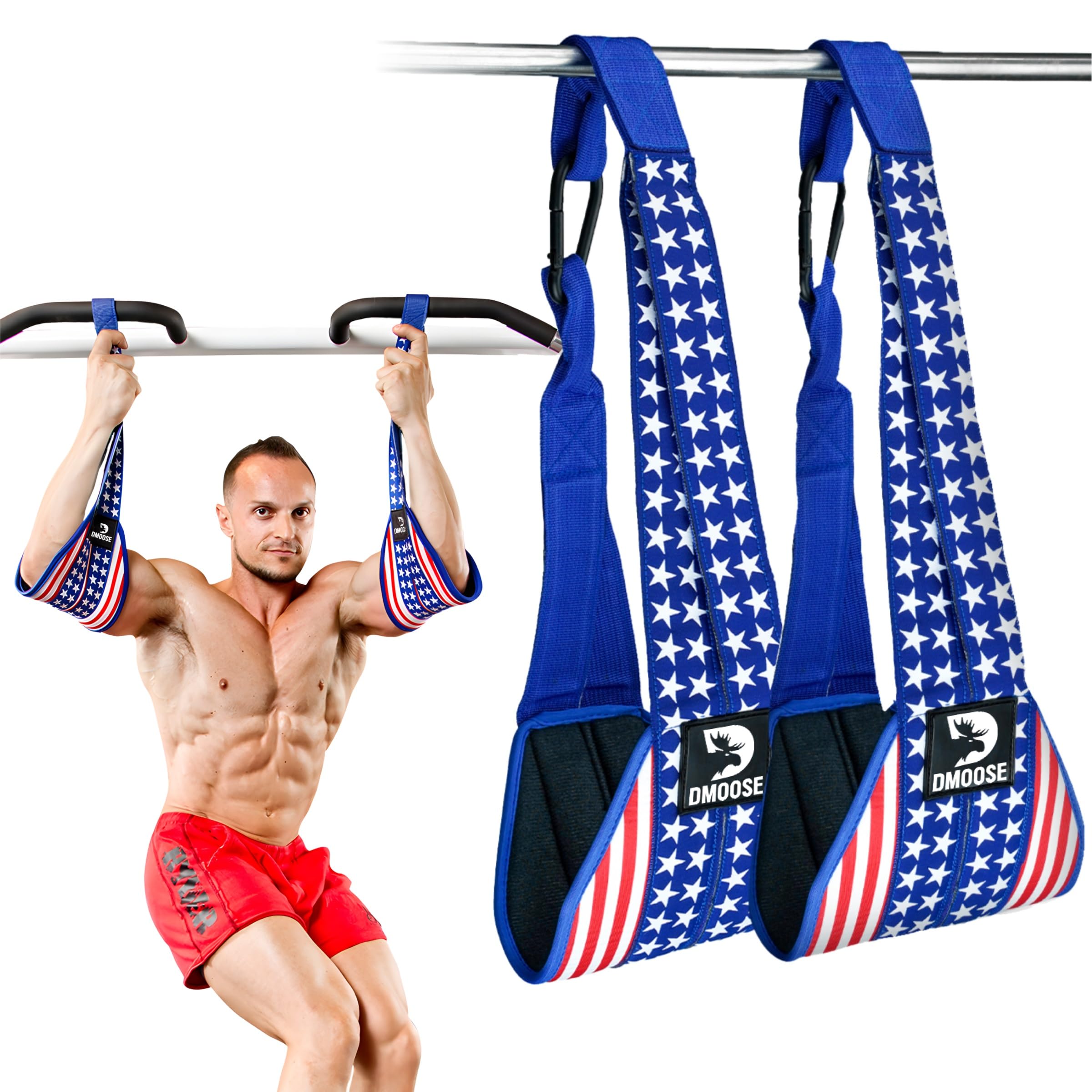 DMoose Fitness Hanging Ab Straps for Pull Up Bar - Core Strength Training Equipment with Thick Padded Arm Support - Includes 2 Rust-Resistant Carabiners - Perfect for Home Gym, CrossFit & Bodyweight Exercises (Pair) - Build Six Pack Abs & Improve Core Stability