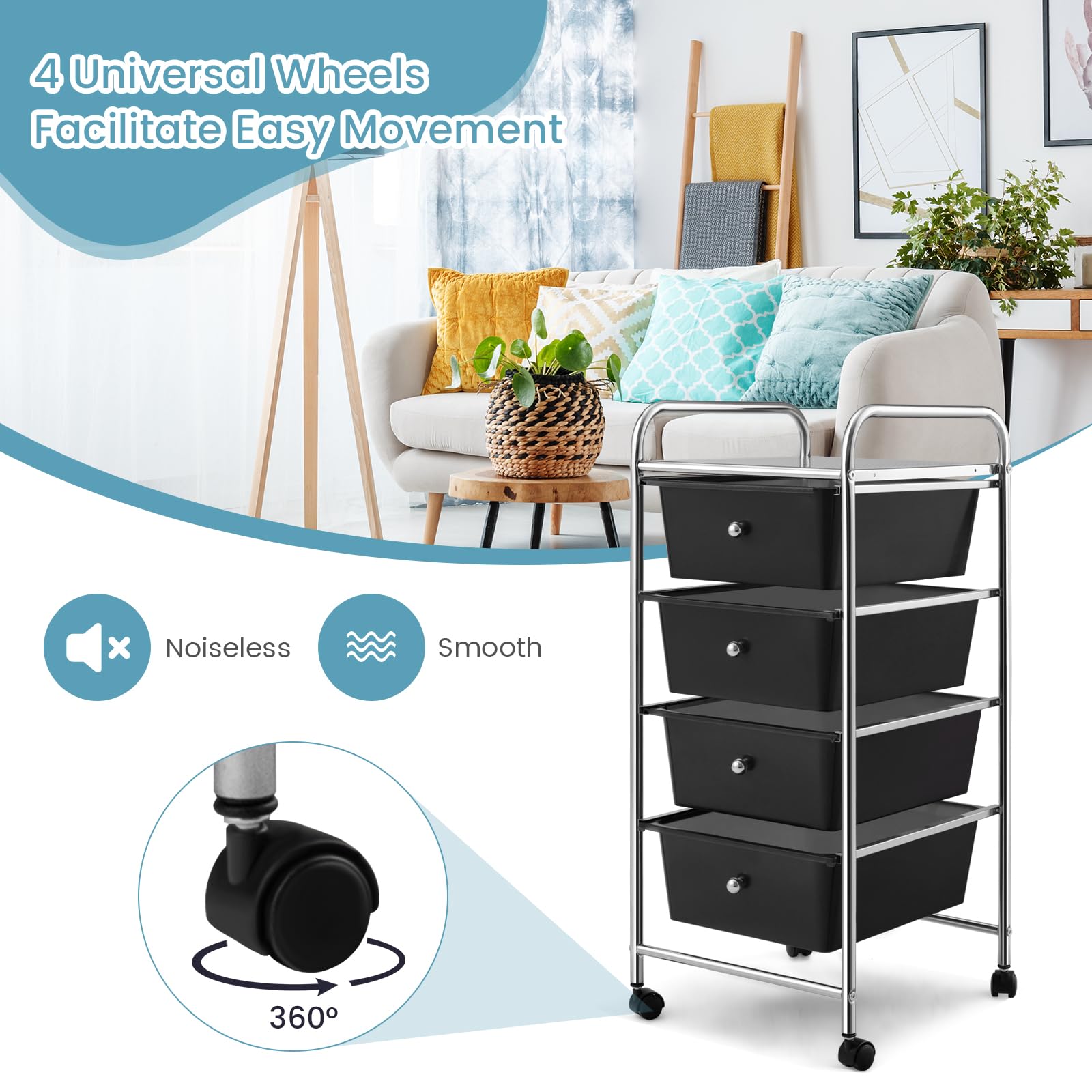 COSTWAY 4-Drawer Rolling Storage Cart | Plastic Organizer with Removable Drawers | Multipurpose Utility Cart for Home, Office & School | Perfect for Scrapbook Paper, Tools & Supplies (Black)
