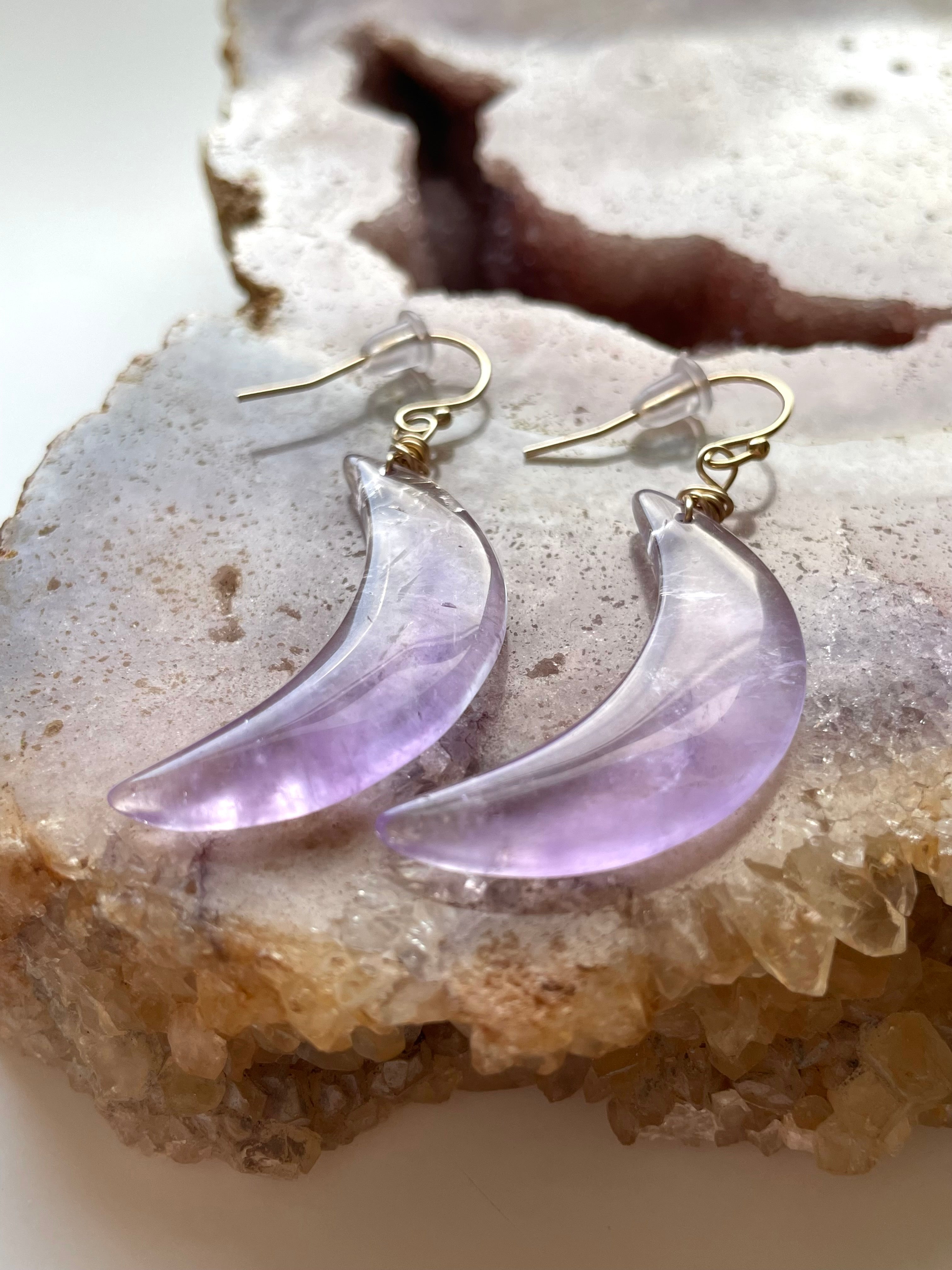 Large Purple Amethyst Crescent Moon Earrings in Gold or Silver - Elegant Boho Jewelry for Women, Perfect for Parties, Weddings & Everyday Wear