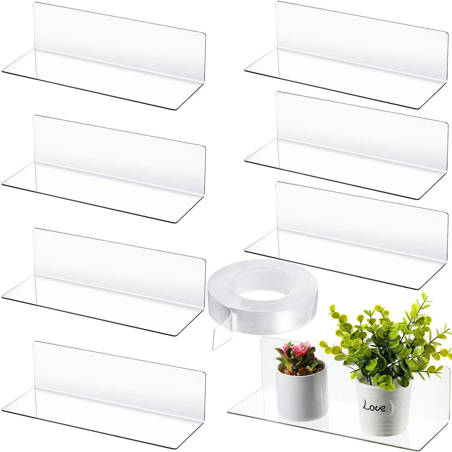 Jetec 8-Piece Clear Acrylic Floating Shelves Set - 12 Inch Wall Mounted Hanging Shelves for Books & Decor with 5M Nano Double-Sided Tape - Perfect for Bedroom, Living Room, Bathroom, Office & Gaming Room Organization