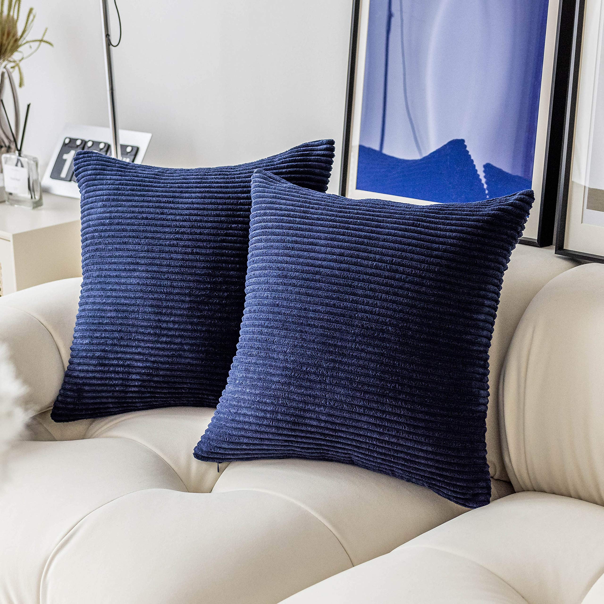 Premium 26x26 Inch Navy Blue Corduroy Pillow Covers Set of 2 - Soft Plush Square Decorative Euro Shams with Modern Striped Design for Couch, Chair, Bed & Home Decor - Perfect for Living Room, Bedroom & Office Accents