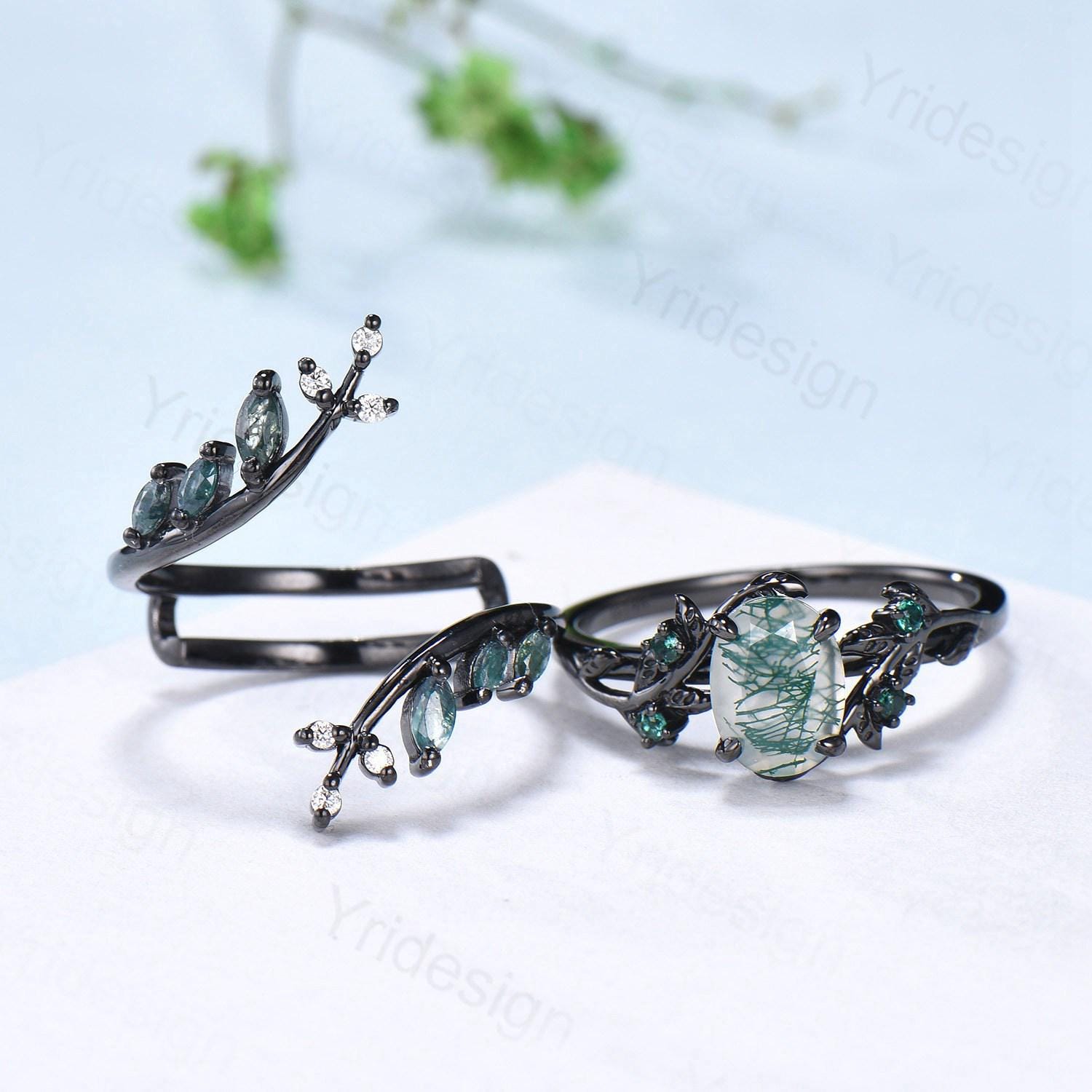Unique Black Gold Gothic Moss Agate Ring Set - Oval Green Marquise Cut with Leaf Vine Design for Engagement, Bridal & Wedding Jewelry - Perfect for Nature-Inspired Boho, Vintage & Gothic Fashion Lovers