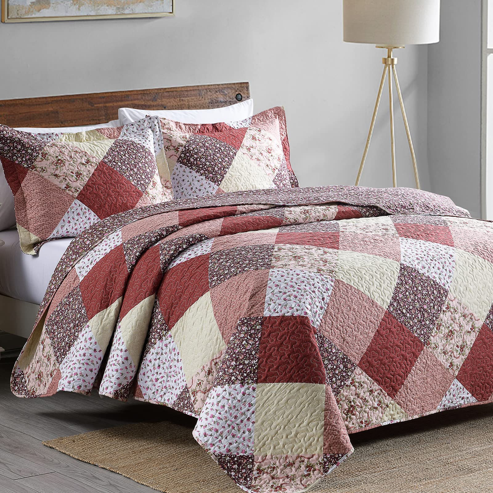 Boryard 2-Piece Twin Plaid Quilt Set - Lightweight Soft Full Size Quilt Bedspread Coverlet (68x86 inches) with 1 Pillow Sham (20x26 inches) - Floral Grid Print - Perfect for Bedroom, Guest Room & Dorm Decor