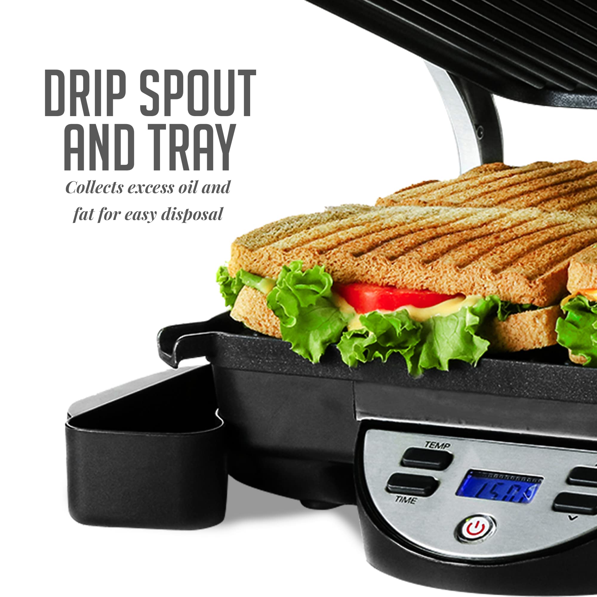 OVENTE 1500W Electric Panini Press Sandwich Maker - Nonstick Indoor Grill with Digital Timer & Temperature Control, Removable Drip Tray - Perfect for 4-Slice Sandwiches, Burgers & Breakfast - Ideal for Home, Office & Camping (Silver GP1000BR)
