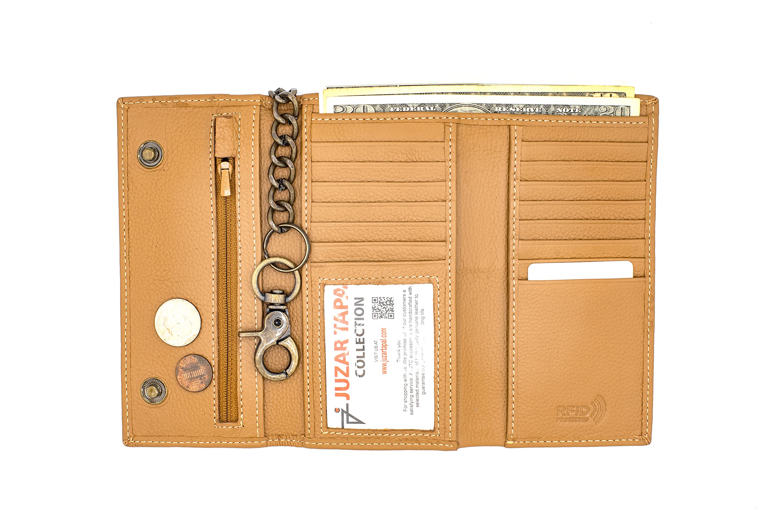 Premium Men's Leather Trifold Wallet with RFID Blocking, Checkbook Cover & Zipper Coin Pocket - Stainless Steel Chain Design for Bikers (J212C, Caramel) | Ideal for Everyday Use, Travel & Motorcycle Enthusiasts in USA