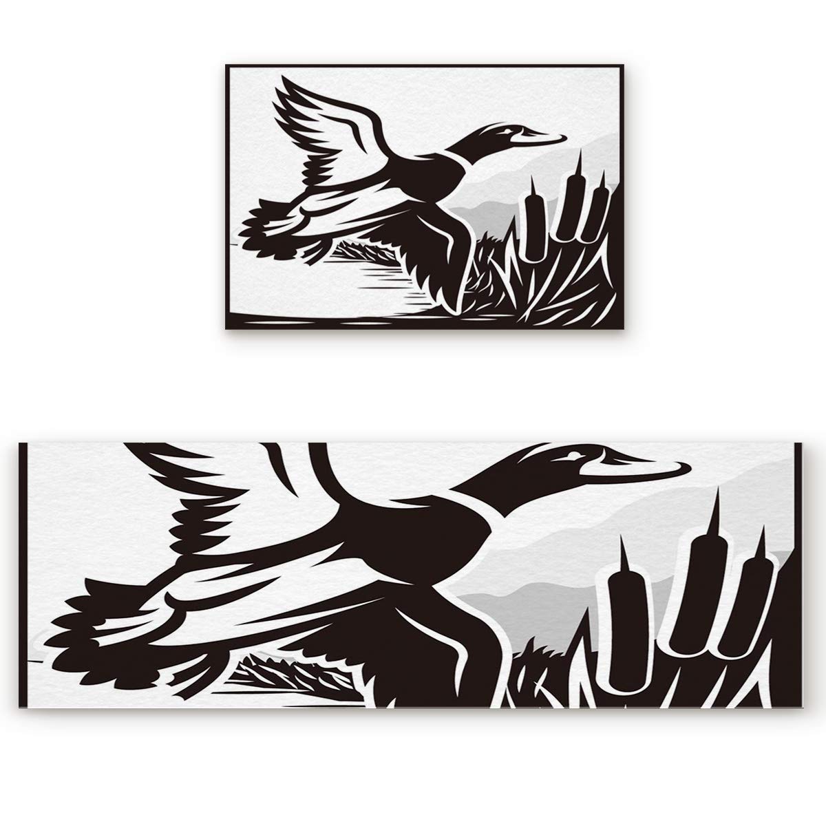 Premium Non-Slip Kitchen Rugs Set of 2 - Wild Duck Black & White Pattern Rubber Backing Floor Mats (19.7x31.5in + 19.7x63in) for Kitchen, Entryway, Laundry Room & High Traffic Areas