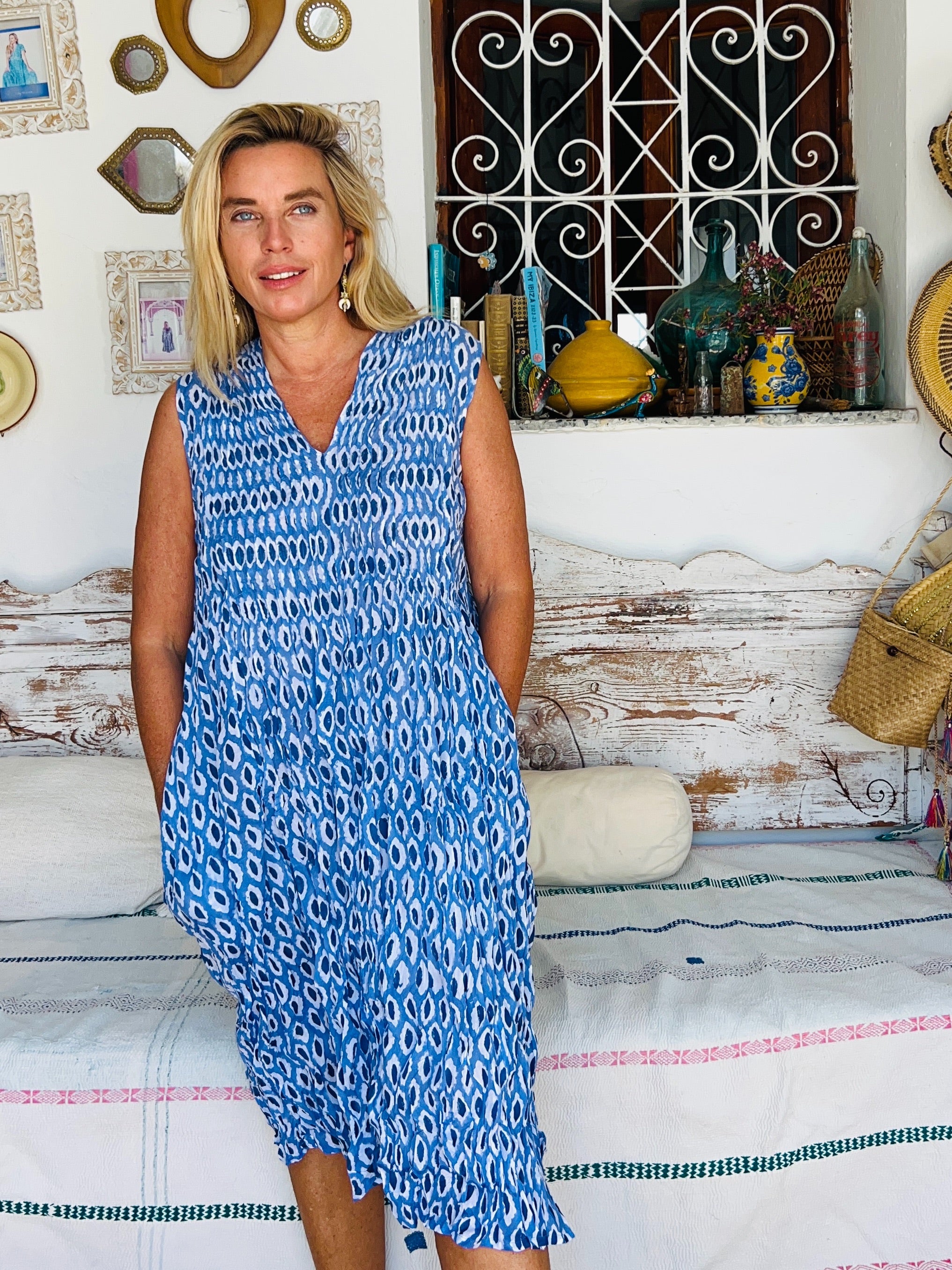Pleated Midi Length Dress in Blue - Perfect for Casual Outings, Office Wear & Special Occasions