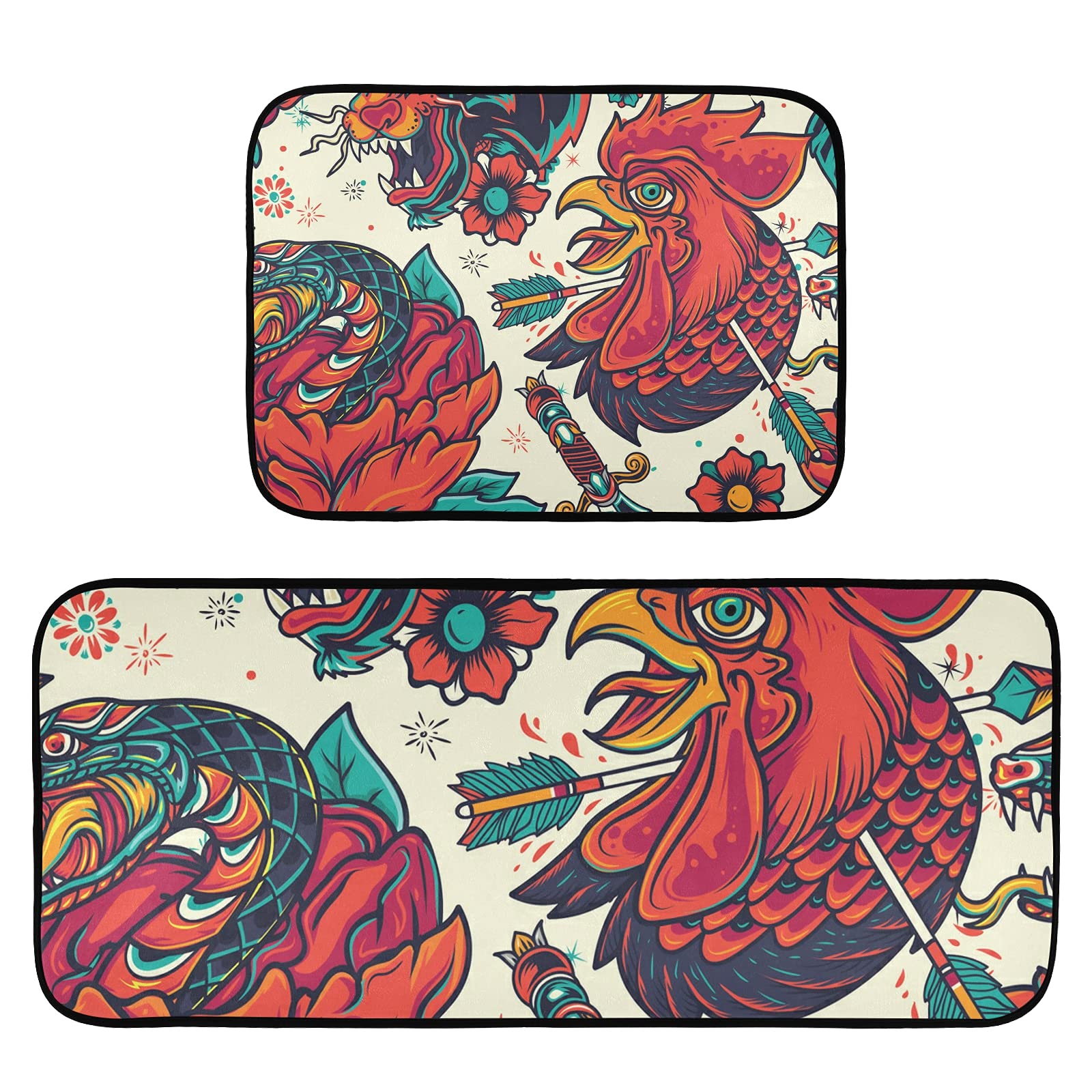 Colorful Tattoo Design Anti-Fatigue Kitchen Mat Set of 2 - Non-Slip Waterproof Sink Floor Mats for Home Decor, Comfortable Standing Mats for Cooking, Dishwashing, and Kitchen Work