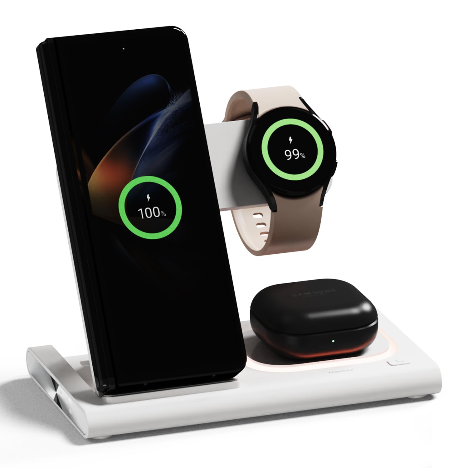 Mooas 3-in-1 Wireless Charging Station - 15W Fast Wireless Charger with Night Light - Compatible with iPhone 15/14/13/12/11/XR/XS/8/Pro/Max/Ultra, Samsung S24/S23/S22/S21, AirPods & Galaxy Watch - Perfect for Bedside, Office & Travel Charging Needs