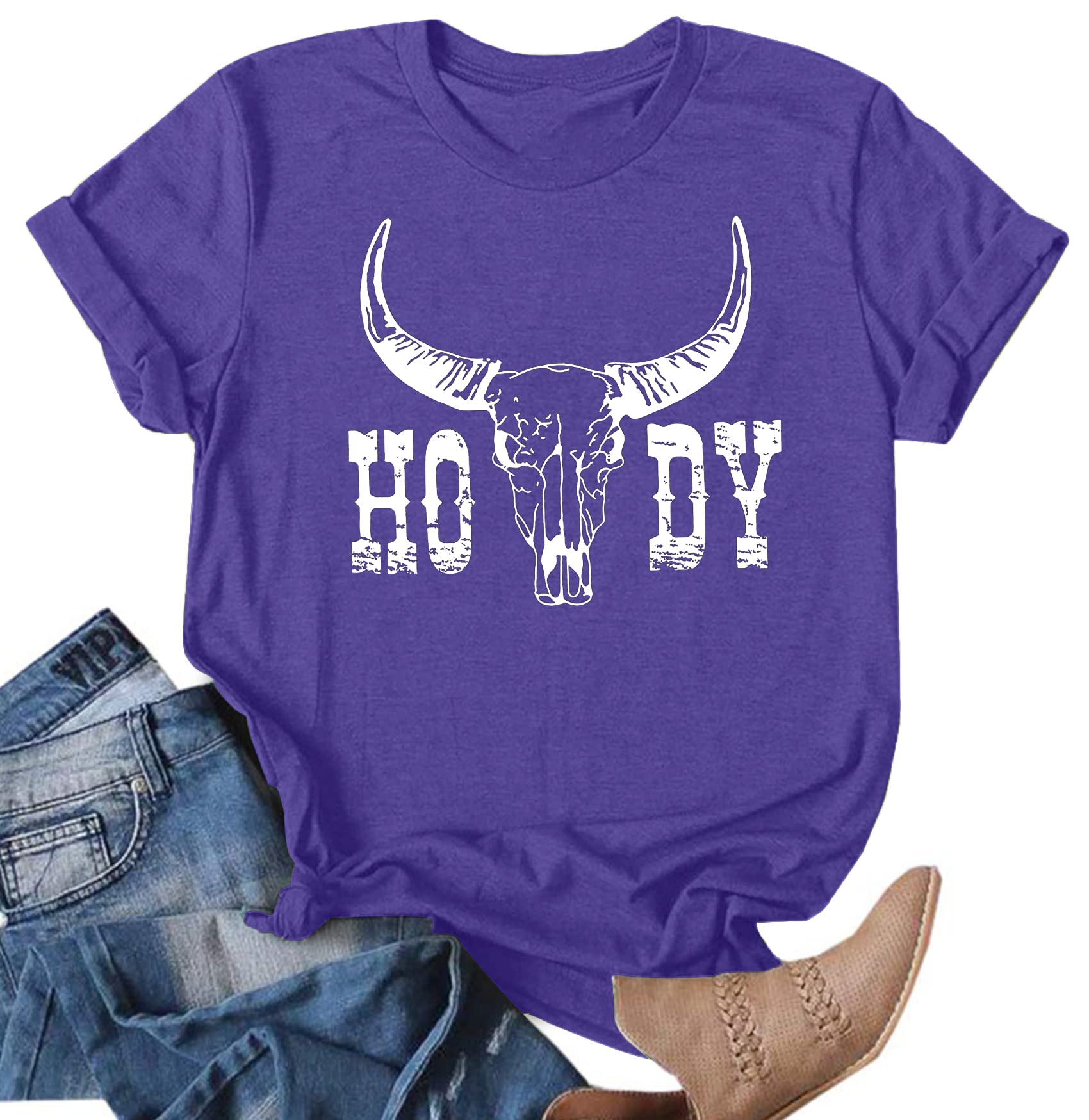 Vintage Western Cow Skull T-Shirt for Women | Distressed Cowgirl Tee | Casual Short Sleeve Top for Country Music Festivals & Rodeo Events