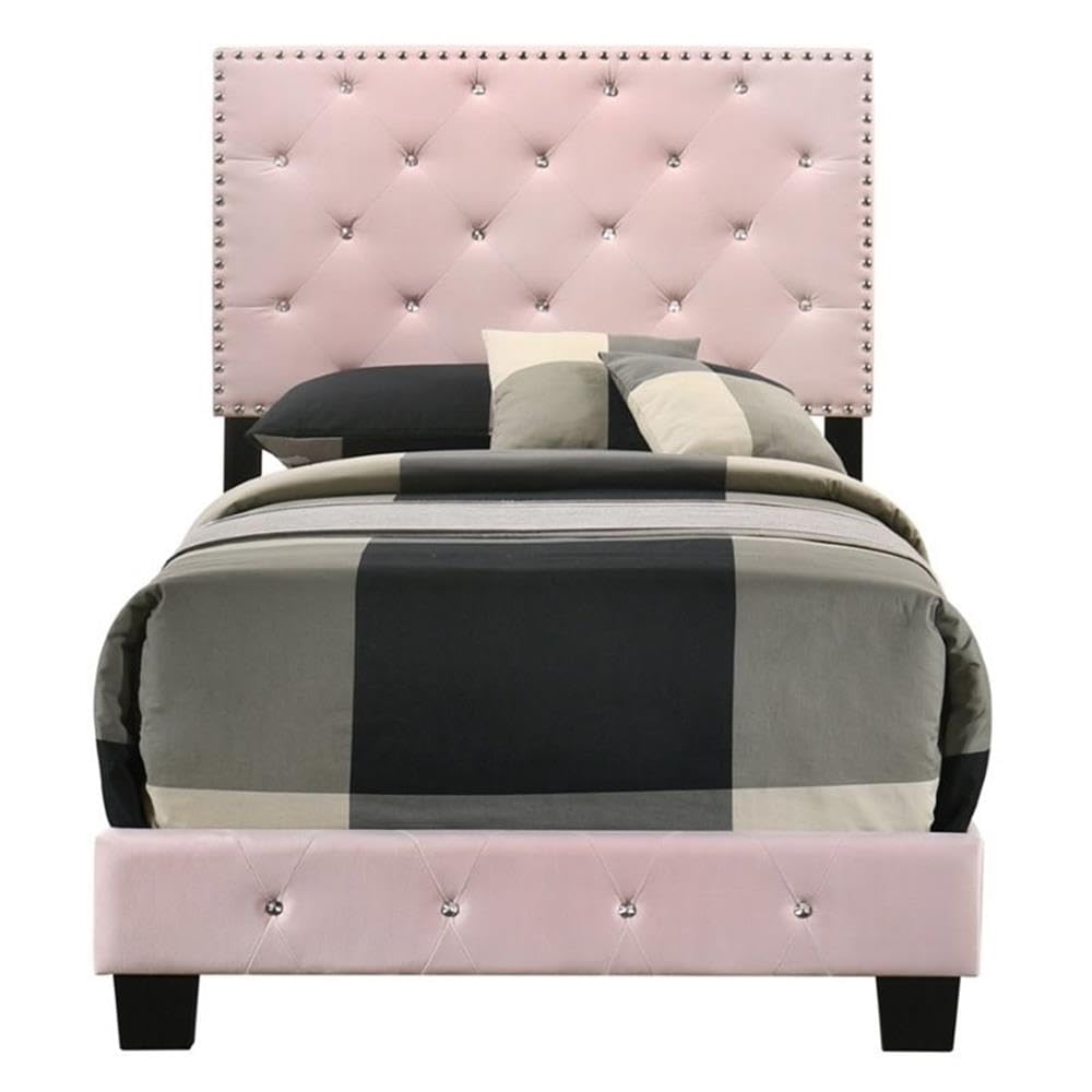 Glory Furniture Suffolk Velvet Upholstered Twin Bed in Pink - Luxurious Soft Pink Velvet Twin Size Bed Frame with Upholstered Headboard - Perfect for Kids Rooms, Guest Bedrooms & Cozy Bedroom Decor