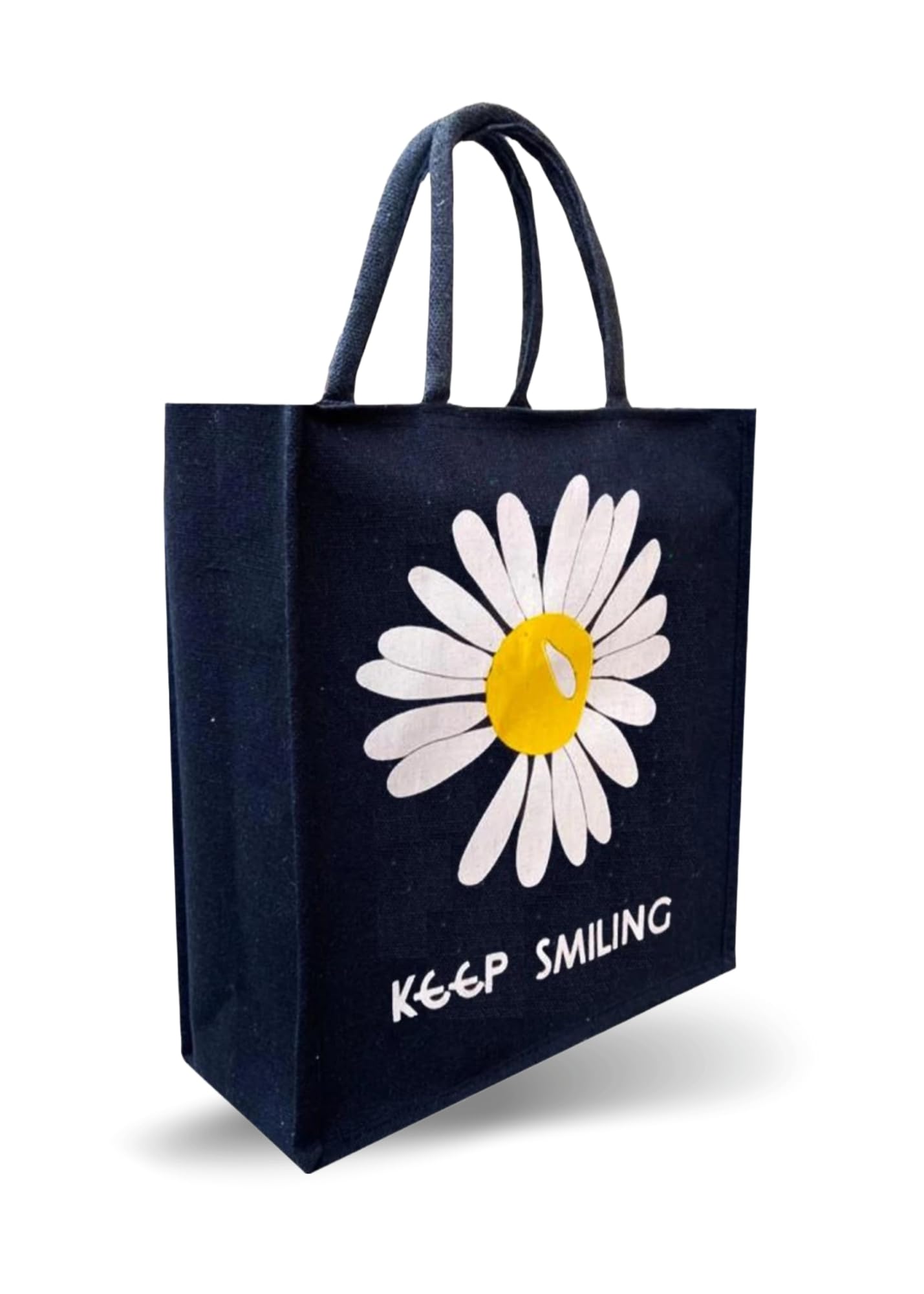Eco-Friendly Jute Tote Bag with Zipper - Multipurpose Grocery/Shopping/Tiffin Bag for Men & Women - Trendy Flower Print Handbag (Black) | Perfect for Farmers Markets, Beach Trips & Sustainable Lifestyle