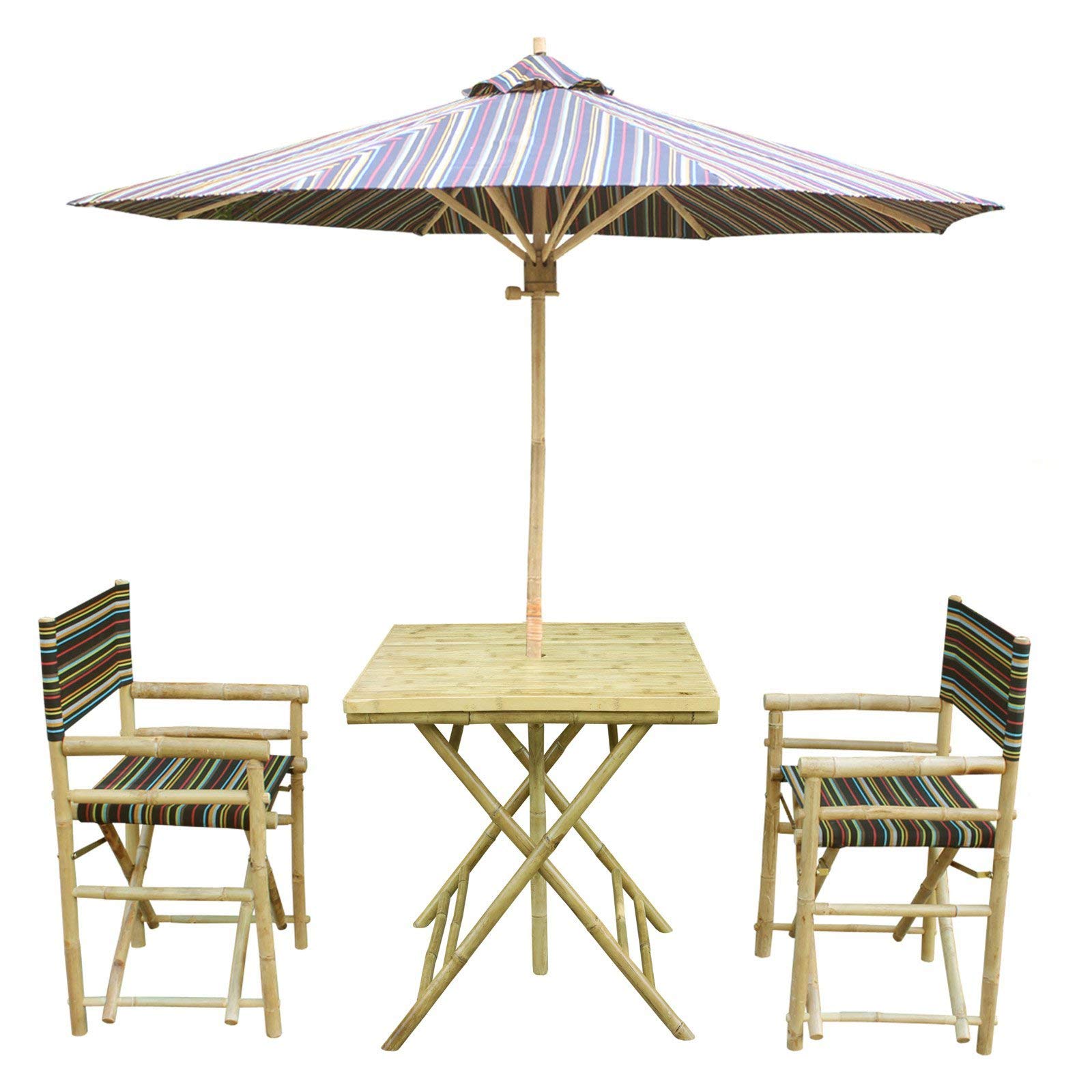 Zew 4-Piece Bamboo Outdoor Furniture Set - 2 Folding Director Chairs, 1 Square Table & 1 Umbrella with Purple Stripe - Perfect for Patio, Garden, Poolside or Backyard Relaxation