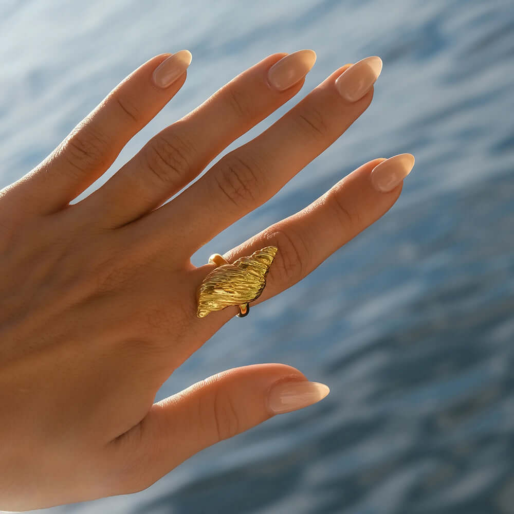 18K Gold Conch Shell Whisper Open Thumb Ring - Elegant Adjustable Statement Jewelry for Women | Perfect for Boho Fashion, Beach Weddings & Everyday Wear (JDR732)