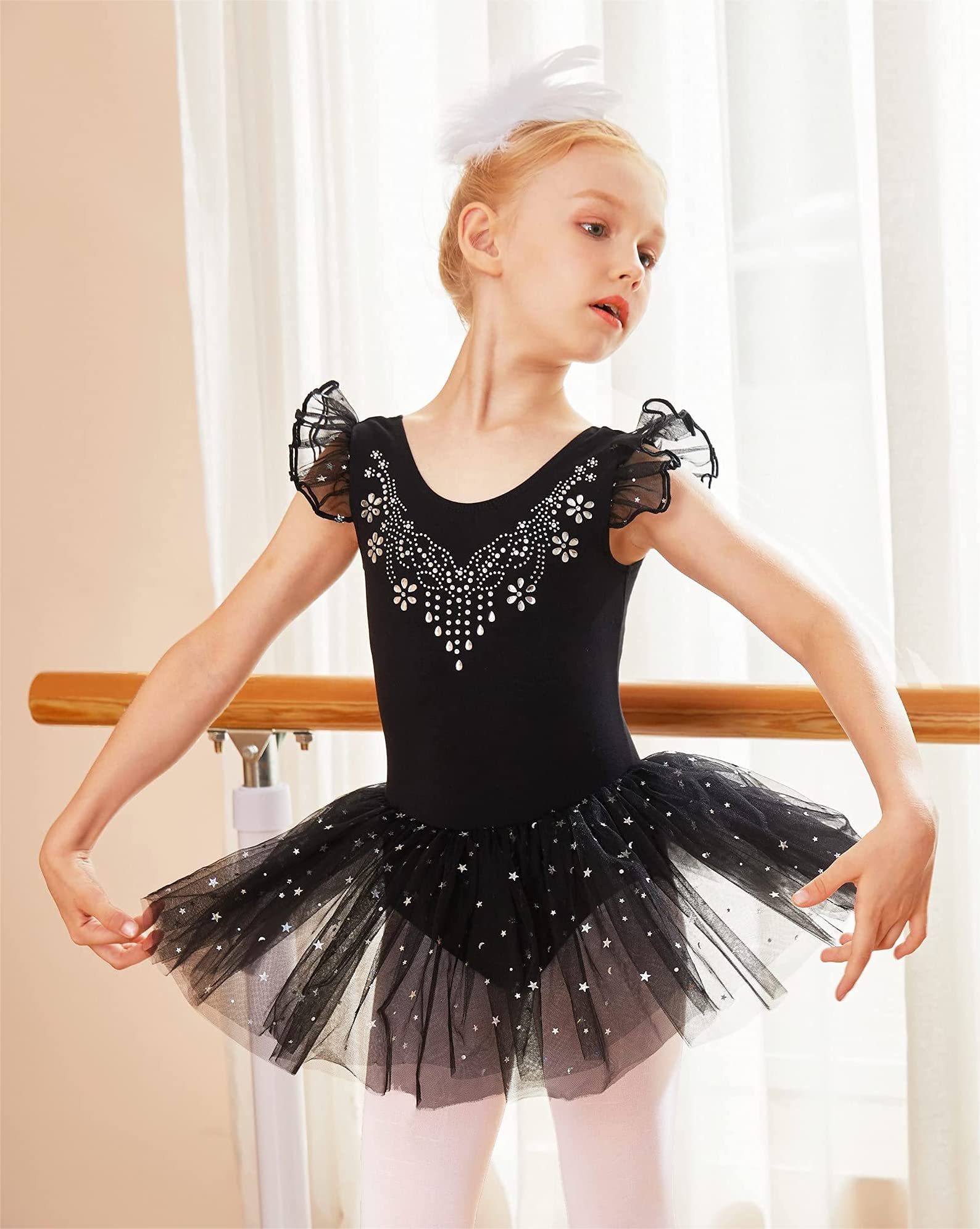 Zaclotre Girls Ballet Leotard with Ruffle Sleeves & Shiny Tutu Skirt - Dance Costume for Ballet, Recital, Performance - Perfect for Ballet Class, Competition, Dance Practice