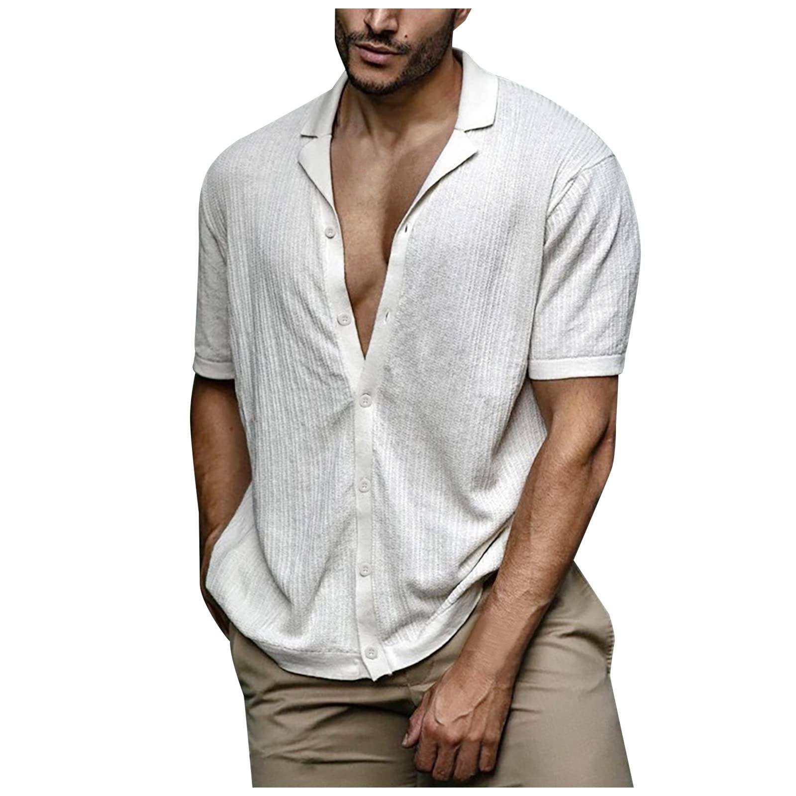 MOXIU Men's Linen Short Sleeve V-Neck Button Down Shirt - Breathable Loose Fit Knit T-Shirt for Business Casual Style | Perfect for Office, Summer Outings & Travel