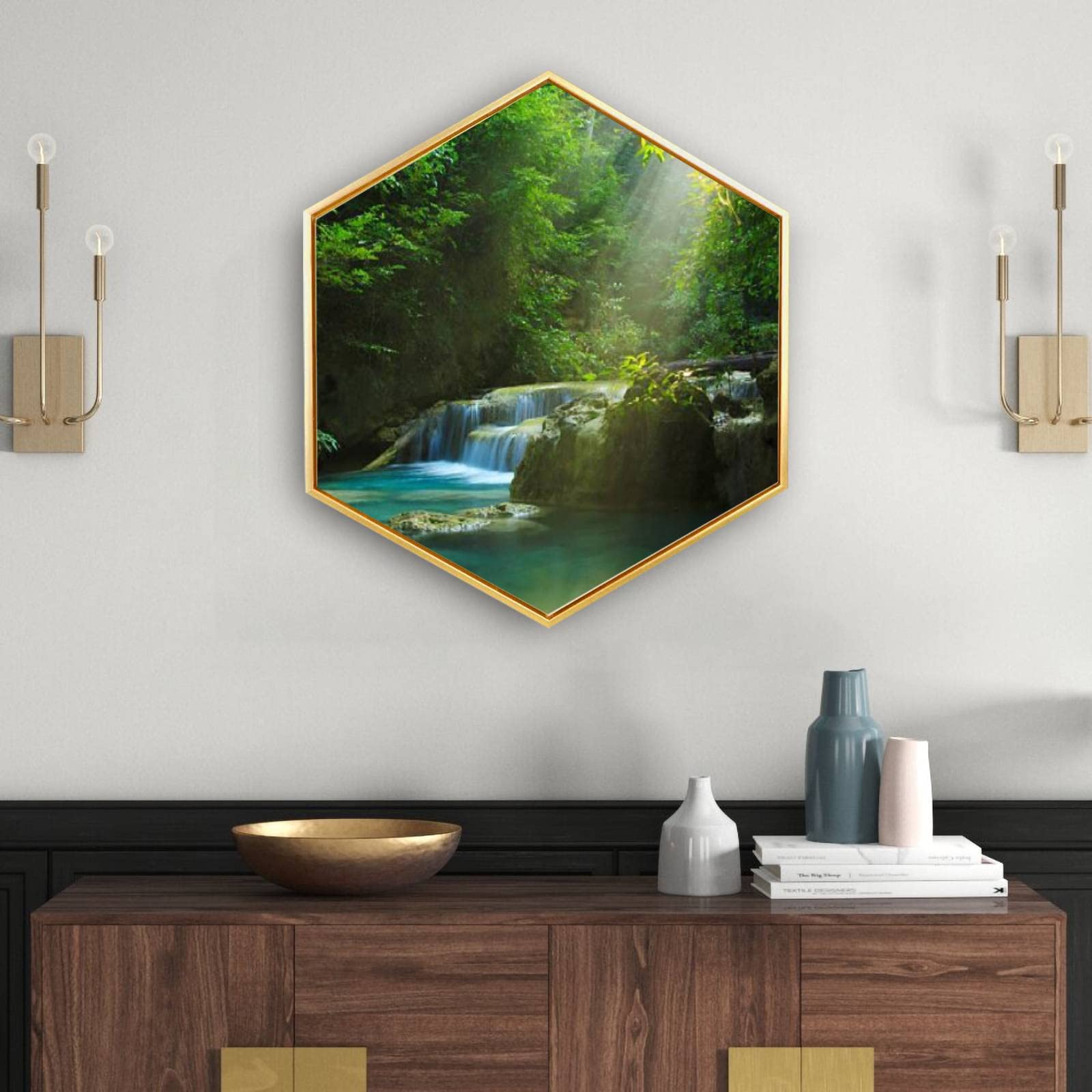 Erawan Waterfall Canvas Wall Art - Golden Framed Giclee Print, Modern Minimalist Hexagon Wall Decor for Home & Office - Ready to Hang (Perfect for Living Room, Bedroom & Workspace Decor)