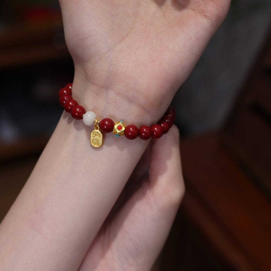 Natural Cinnabar Beads Fu Pendant Bracelet for Women - Elegant Handmade Chinese Charm Jewelry for Good Luck, Protection & Spiritual Healing | Perfect for Meditation, Yoga, Gifts & Cultural Fashion Accessories
