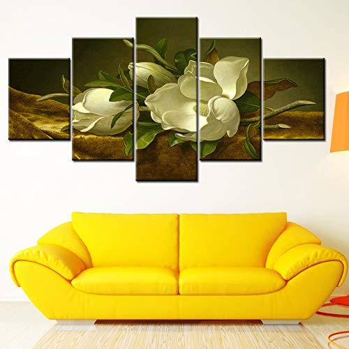 5-Piece Canvas Wall Art Set - Magnolia Flower on Gold Velvet Framed Paintings for Living Room, Bedroom & Office Decor | Multi-Panel Home Wall Decor | Ready-to-Hang Artwork for Modern Interior Design