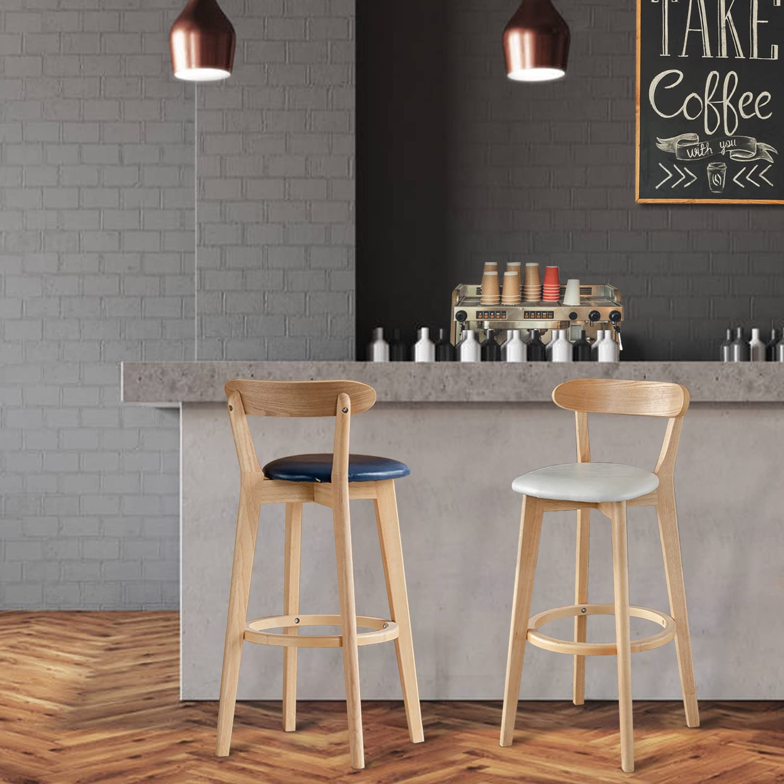 Premium Wooden Breakfast Bar Stool with PU Leather Backrest & Armrest - Comfortable Kitchen Island Chair for Dining, Coffee Shops & Home Decor