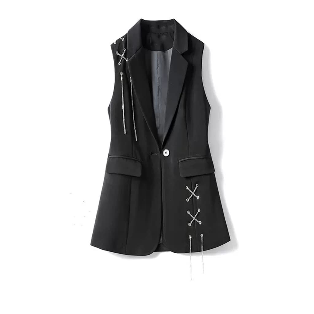 Black Women's Mid-Length Suit Vest with Heavy Industry Chain Design - Layered Fashion Vest for Office & Evening Wear (Black, Medium)