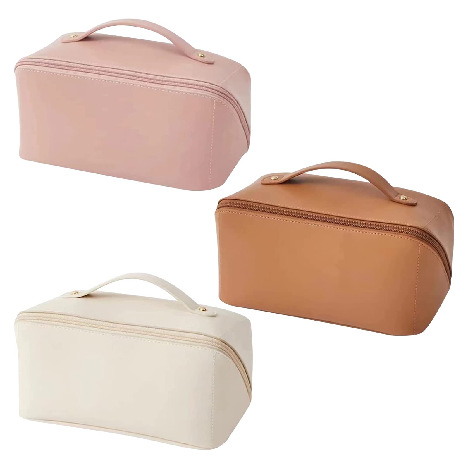 Waterproof Travel Cosmetic Bag Organizer - Large Portable Makeup & Toiletry Case for Women | Opens Flat for Easy Access | Perfect for Overnight Trips, Daily Use & Cosmetics Storage (Pink, White, Brown)