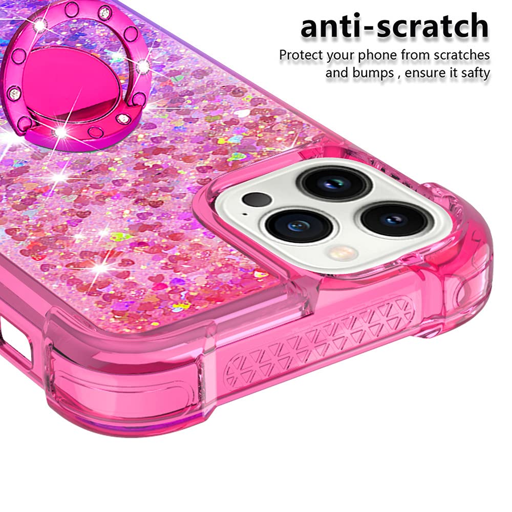 Gradient Quicksand Glitter Bling Floating Ring Kickstand Case for iPhone 13 Pro Max - Shockproof TPU Bumper with Reinforced Corners, Pink-Purple (Perfect for Women, Everyday Use & Travel Protection)