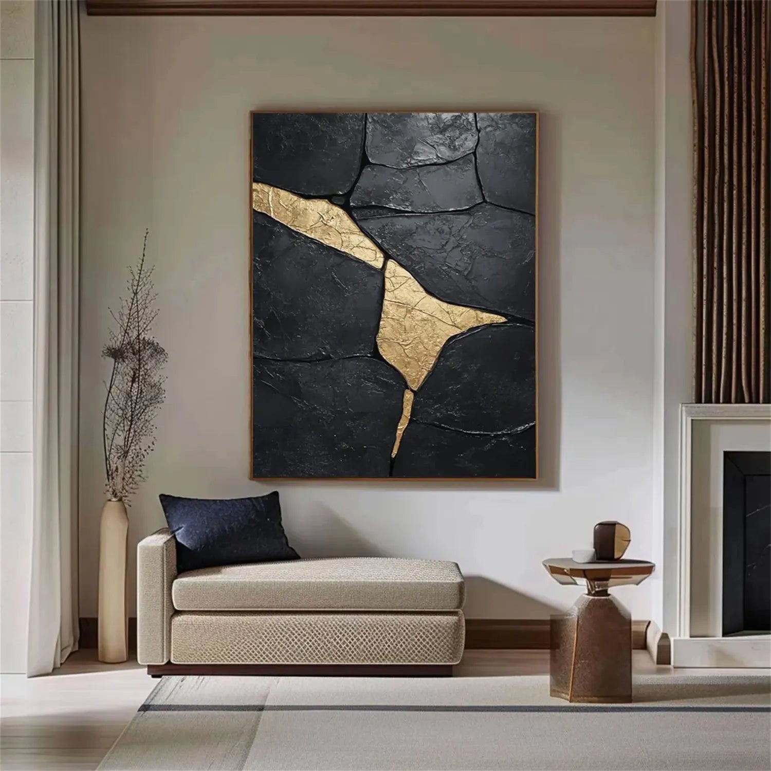 Black Gold Minimalist Textured Painting Canvas Wall Art - Modern Abstract Home Decor for Living Room, Bedroom & Office | Premium Quality #MZ124